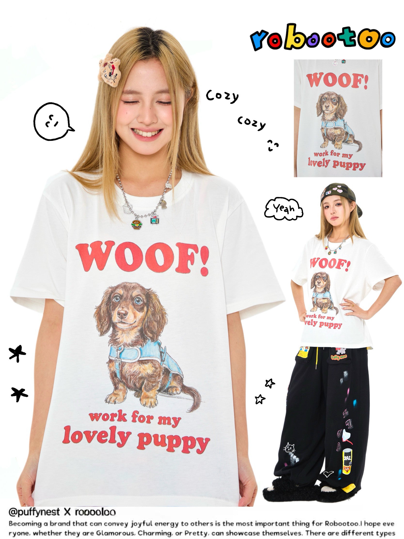 White Dachshund Print T-Shirt Y2K Kawaii - Robootoo by Land Decora