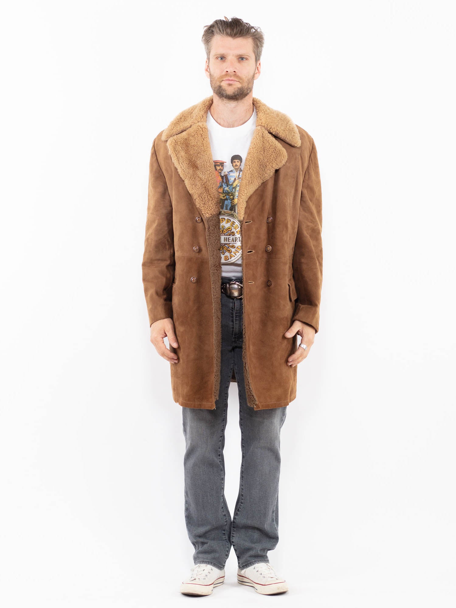 Vintage 70's Men Suede Sherpa Coat in Brown by Northern Grip