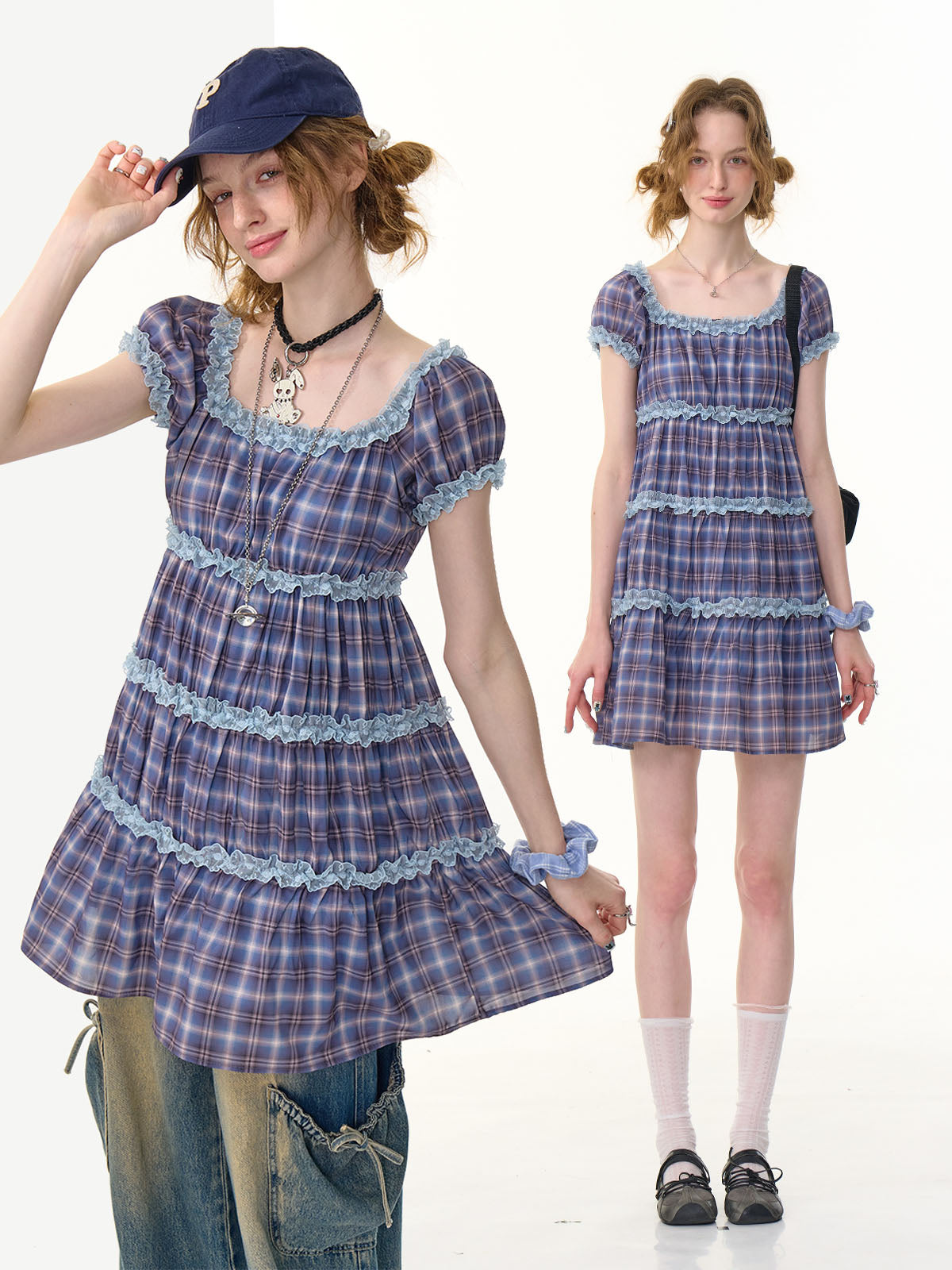 Girly Purple Plaid Puff Sleeve Dress - ziziFei by Land Decora