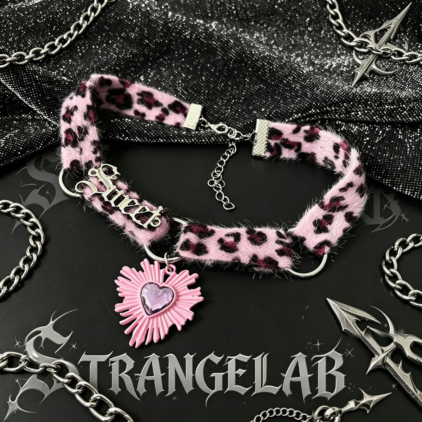 Y2K Pink Leopard Fuzzy Choker | Cyber E-Girl Necklace | Strangelab by Land Decora