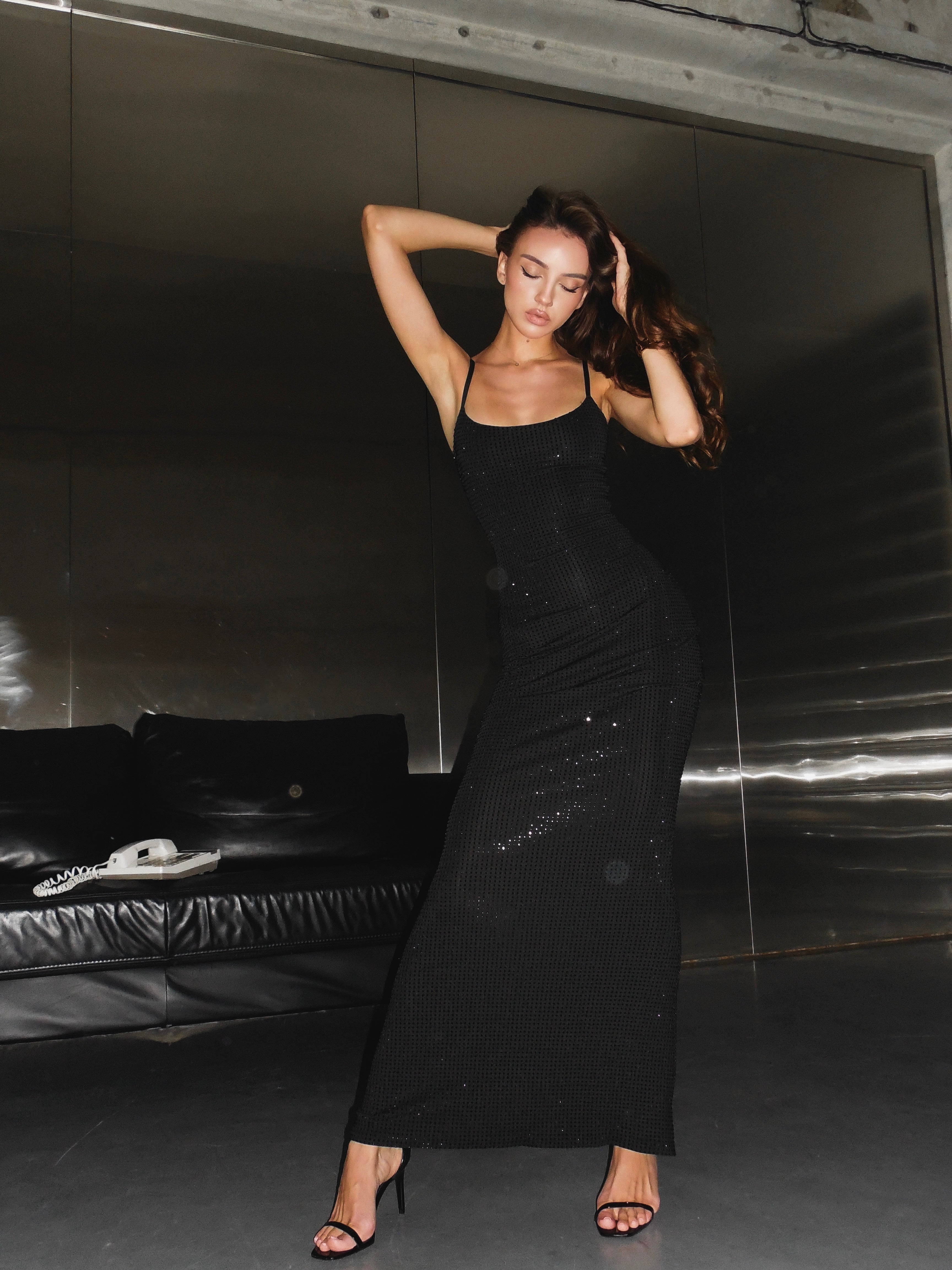 Icon Strappy Rhinestone Embellished Maxi Dress in Black by MERIEL