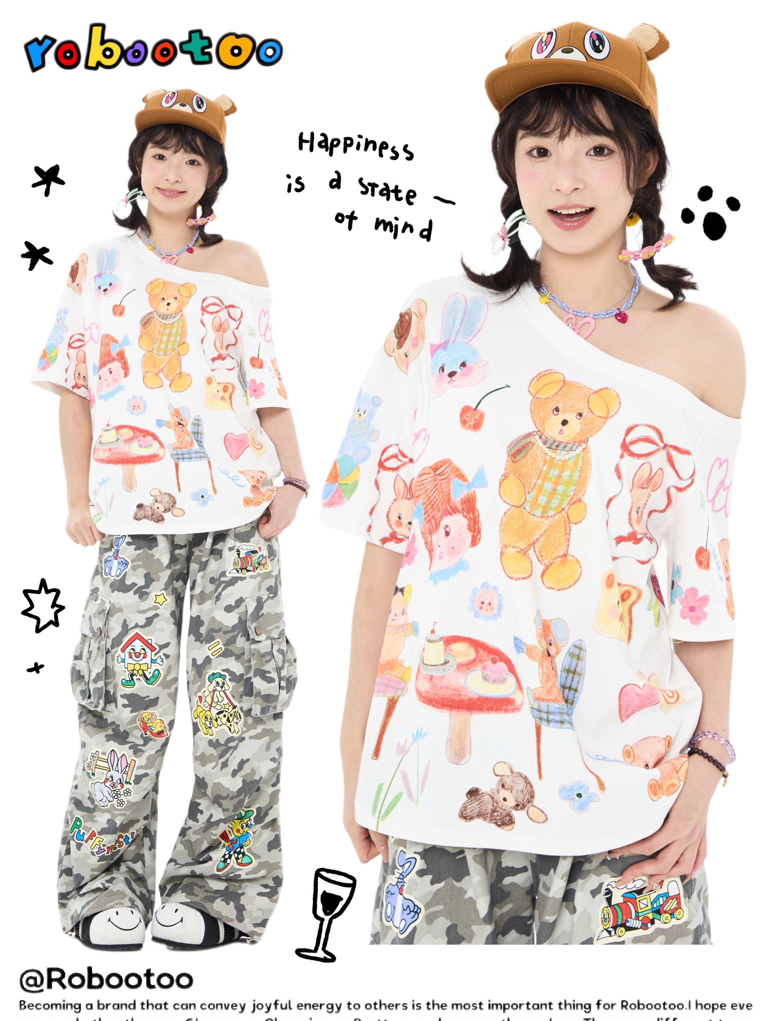 White Bear Tea Party Off-Shoulder T-Shirt Y2K - Robootoo by Land Decora