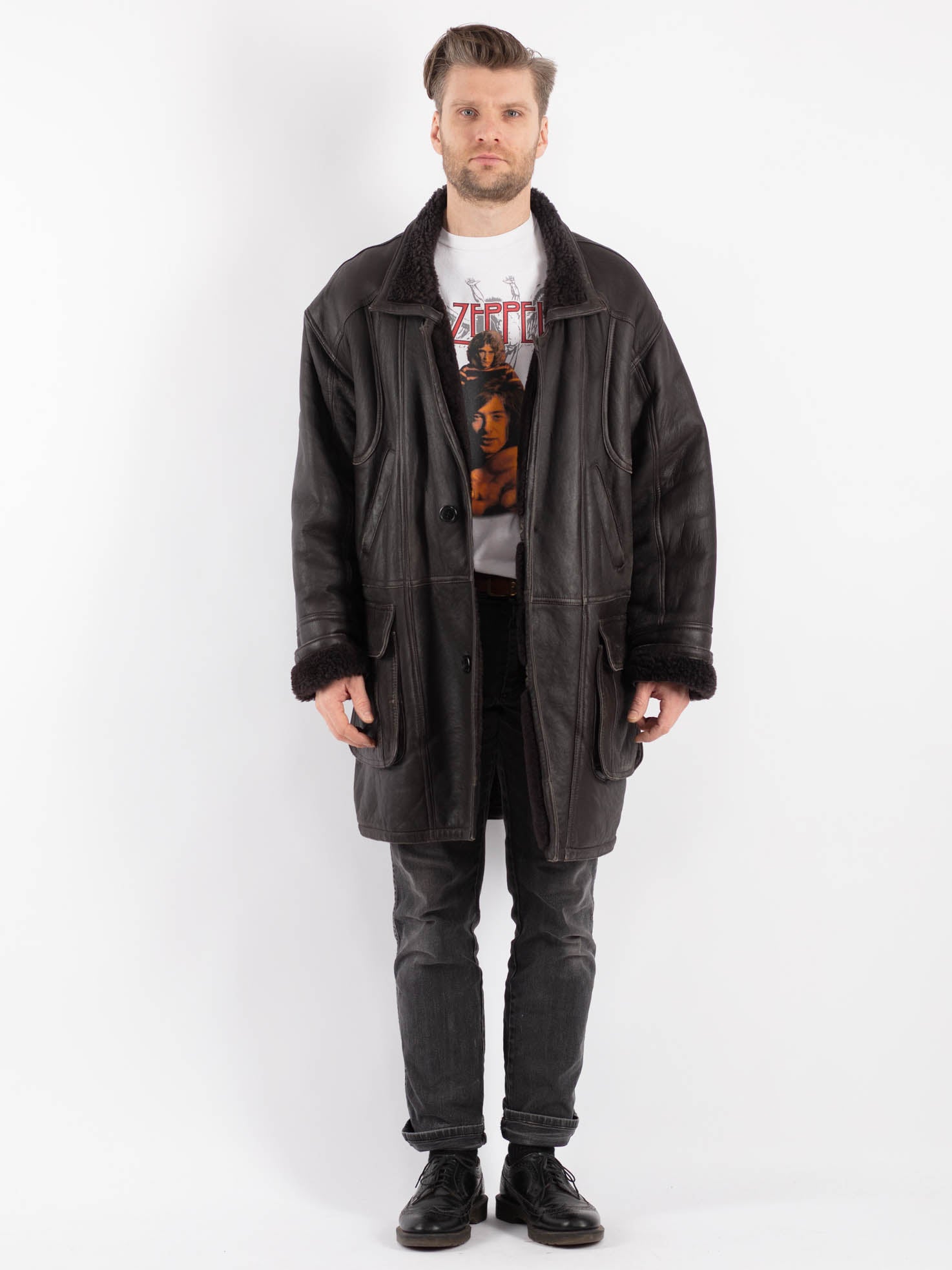 Vintage 90's Men Sheepskin Coat in Black by Northern Grip