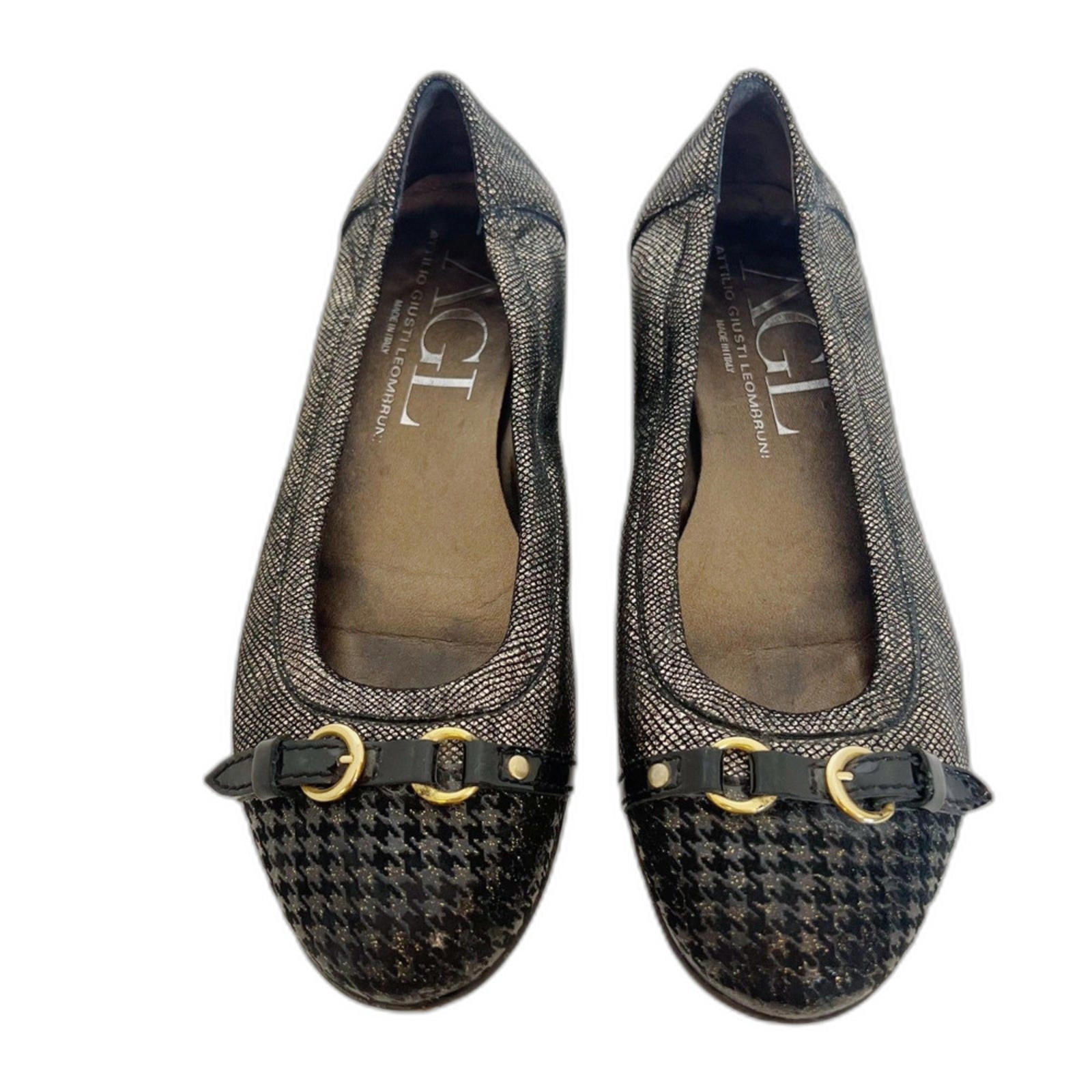 AGL Attilio Giusti Leombruni Black Gold Houndstooth Cap Toe Ballet Fla by Hot Girl Secondhand