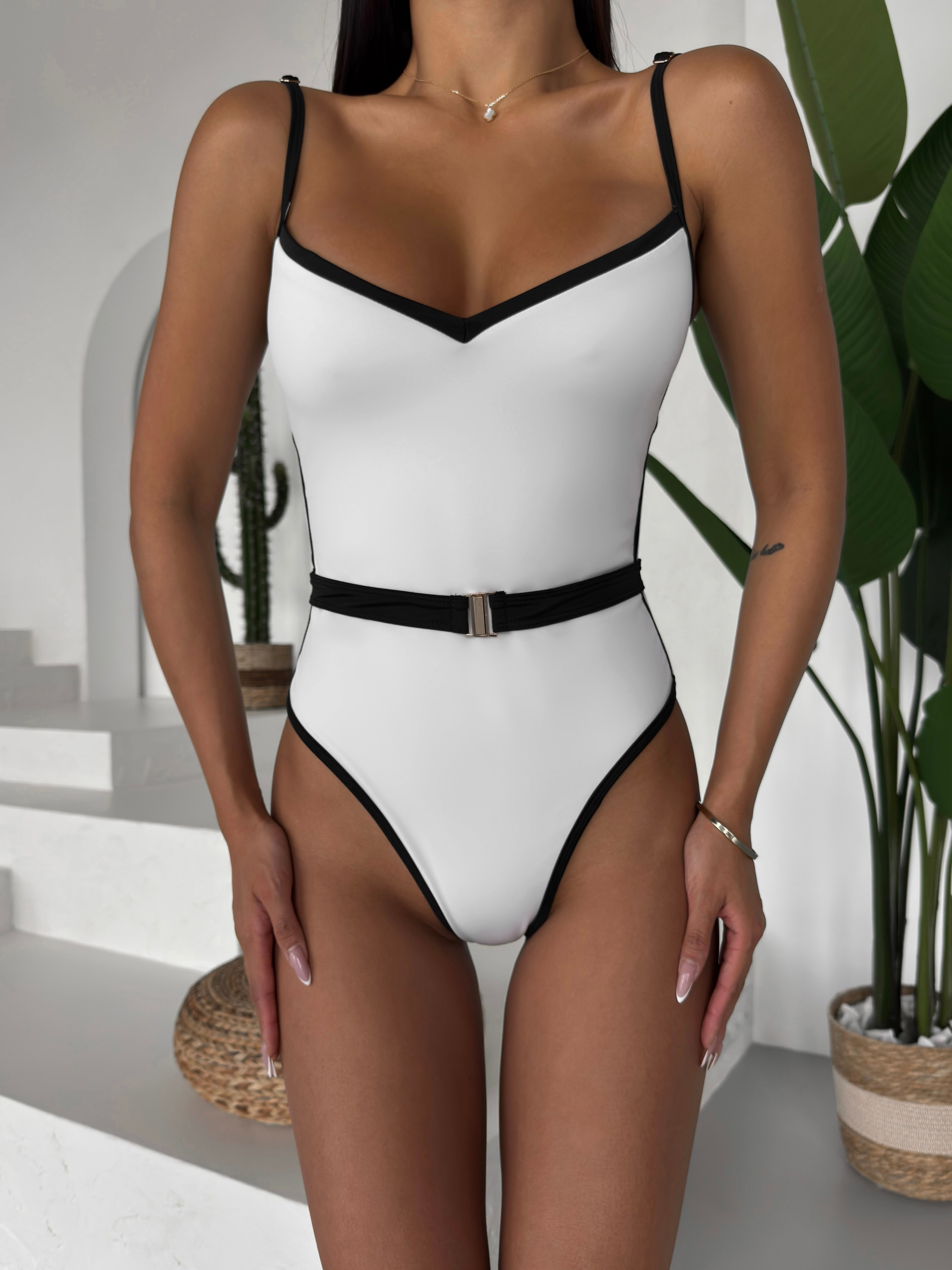 Old Money Belt Detail One Piece in White by MERIEL