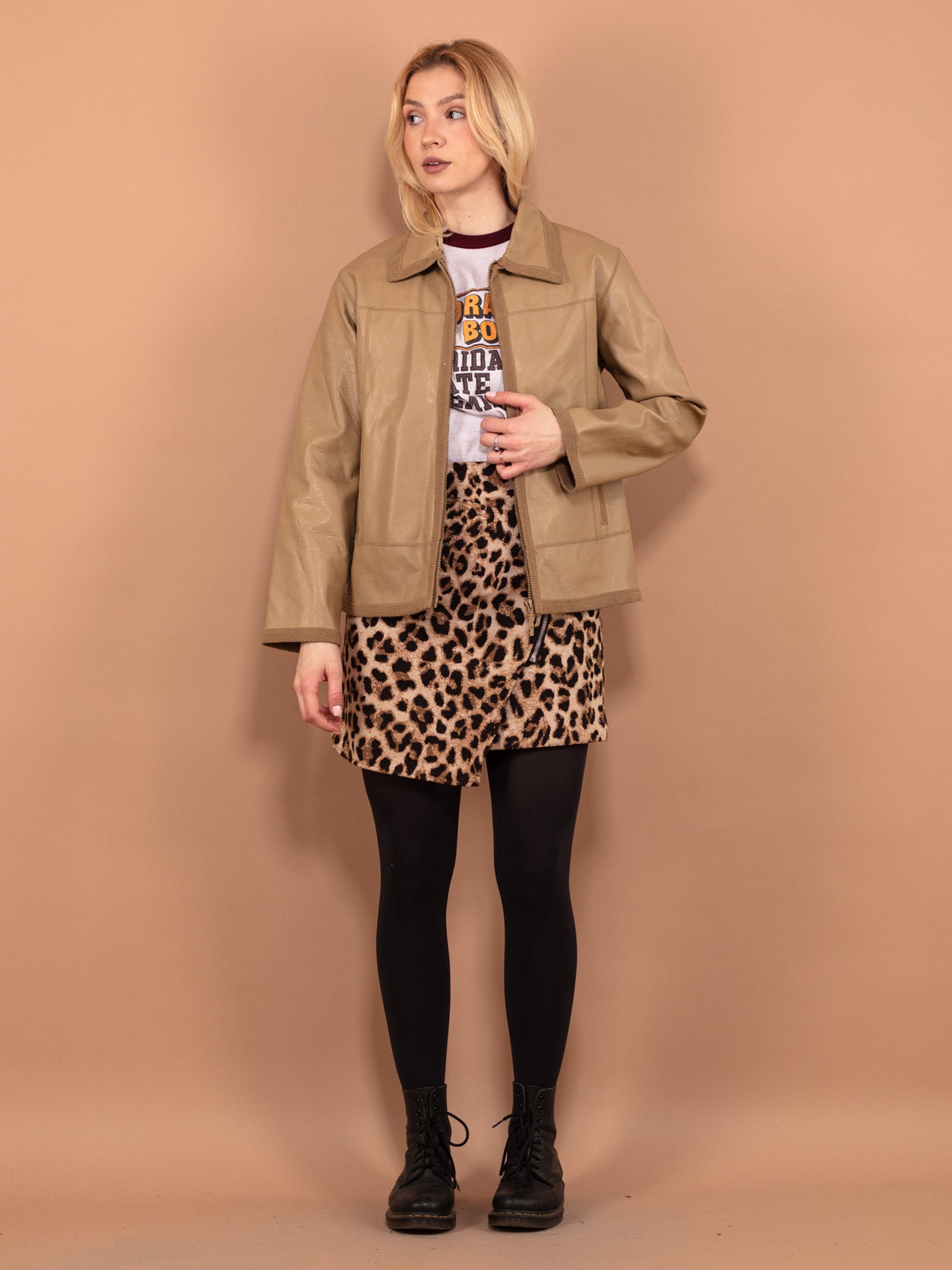 Vintage 00's Women Faux Leather Sherpa Jacket in Beige by Northern Grip