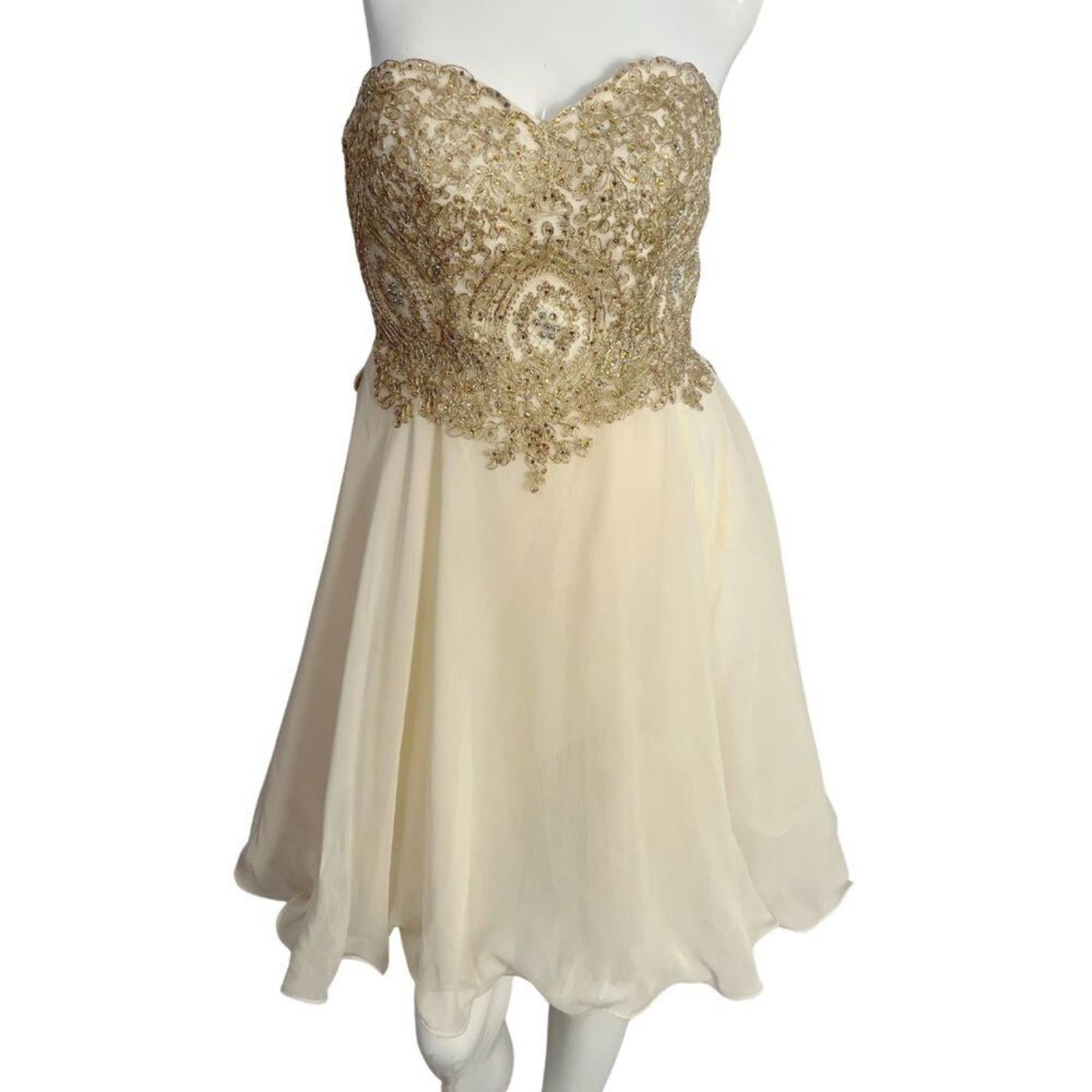 Metallic Gold Corset Cream Chiffon Strapless Formal Dress Prom Homecom by Hot Girl Secondhand