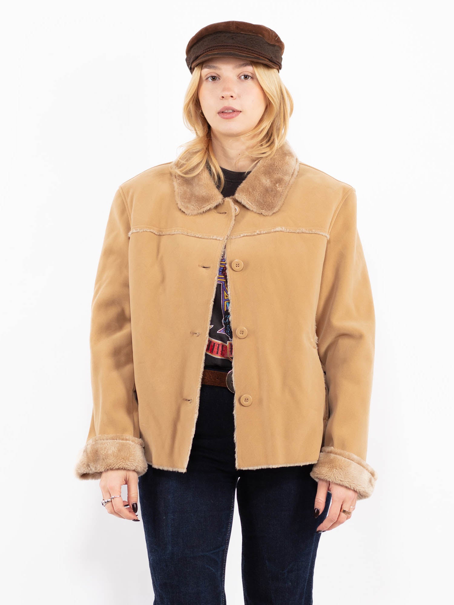 Vintage 90's Women Faux Sheepskin Jacket in Beige by Northern Grip
