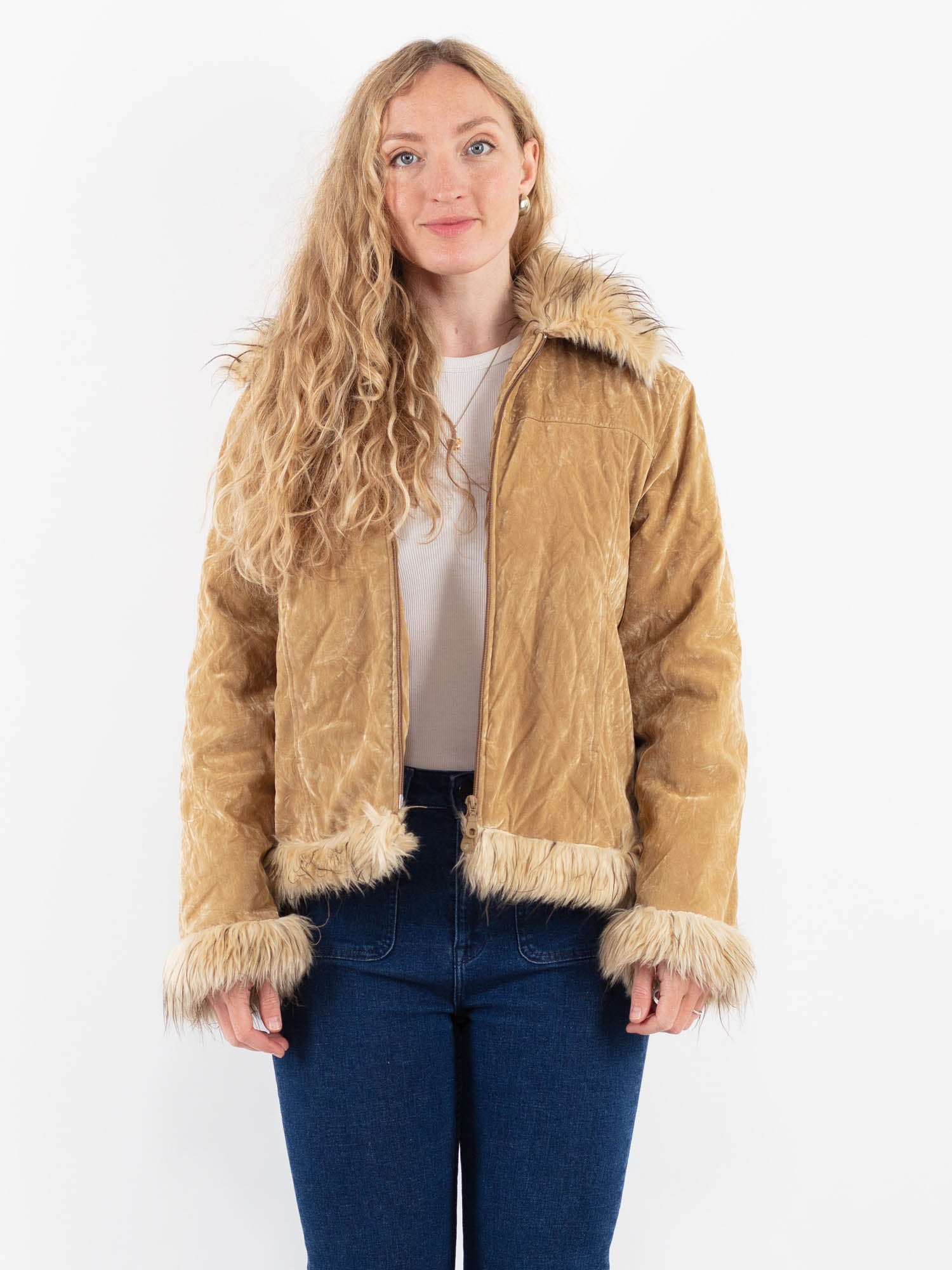 Vintage 90's Women Faux Sheepskin Jacket in Beige by Northern Grip