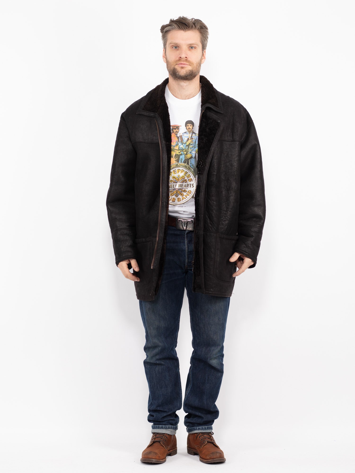 Vintage 90's Men Sheepskin Coat in Black by Northern Grip