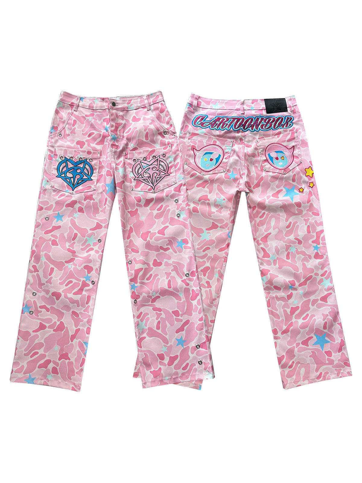 Y2K Pink Camo Bear Jeans - Cartoon Box by Land Decora