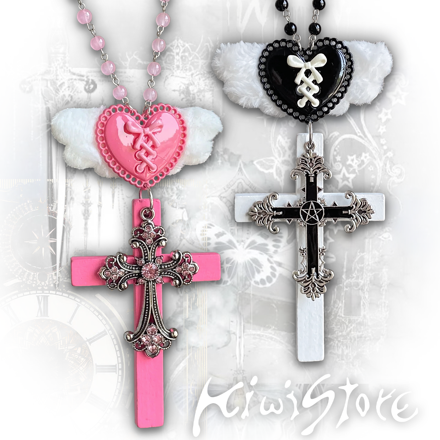 Y2K Angel Cross Necklace Large Statement Pendant - Kiwi Store by Land Decora
