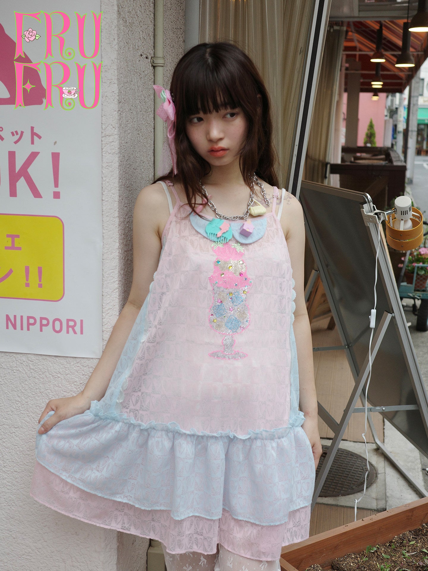 Pink Blue Rhinestone Mesh Dress | Fairy Kei Kawaii Fashion by Land Decora