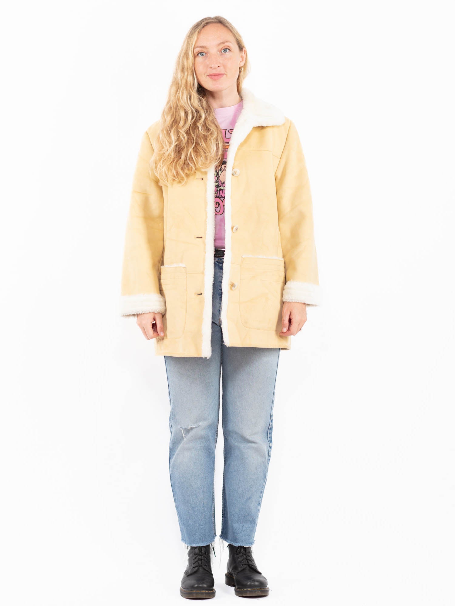 Vintage 90's Women Faux Sheepskin Coat in Cream Yellow by Northern Grip