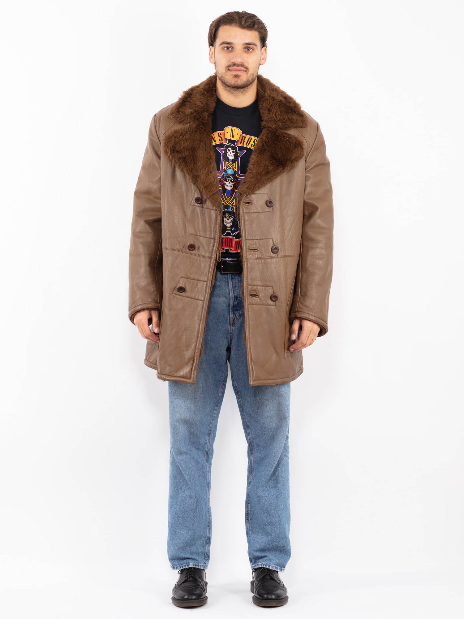 Vintage 70's Men Sherpa Leather Coat in Brown by Northern Grip