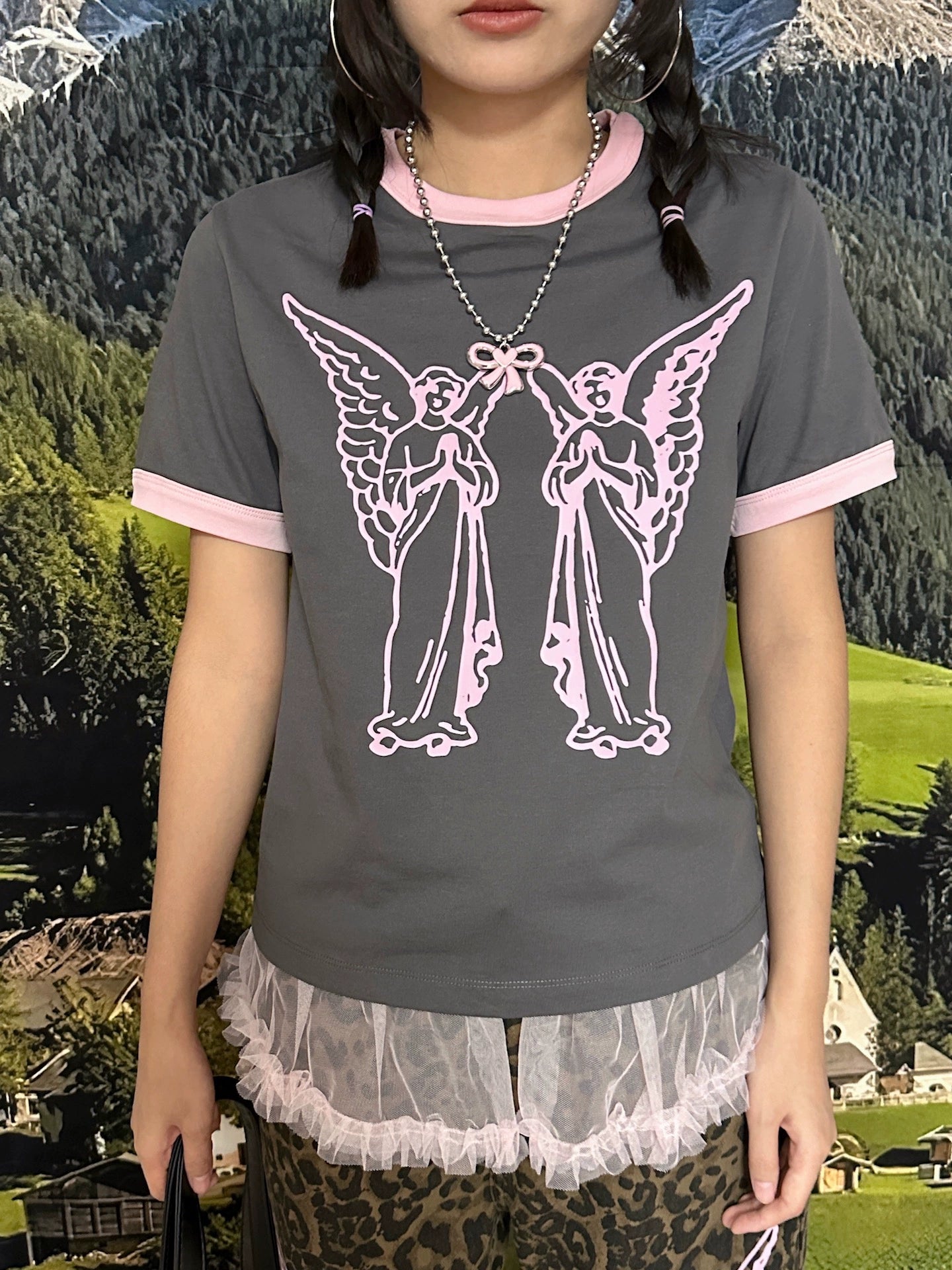 Y2K Butterfly Angel T-Shirt Pink Contrast Oversize - BunnyBunnyGun by Land Decora