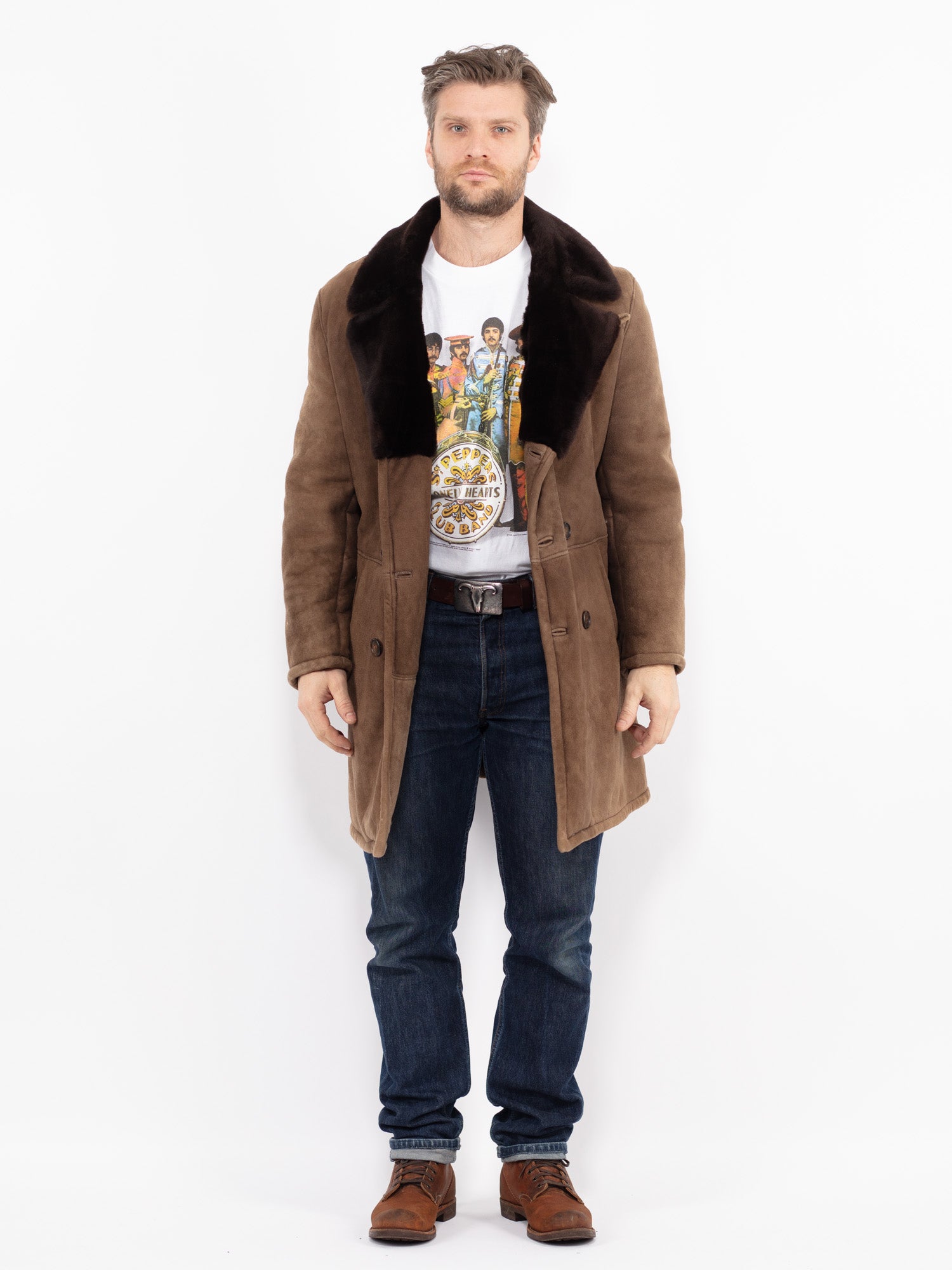 Vintage 70's Men Sheepskin Coat in Brown by Northern Grip