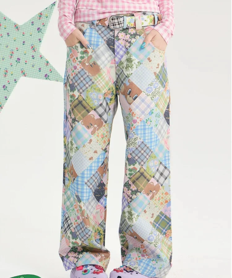 Y2K Teddy Patchwork Straight-Leg Pants - tntntutu by Land Decora