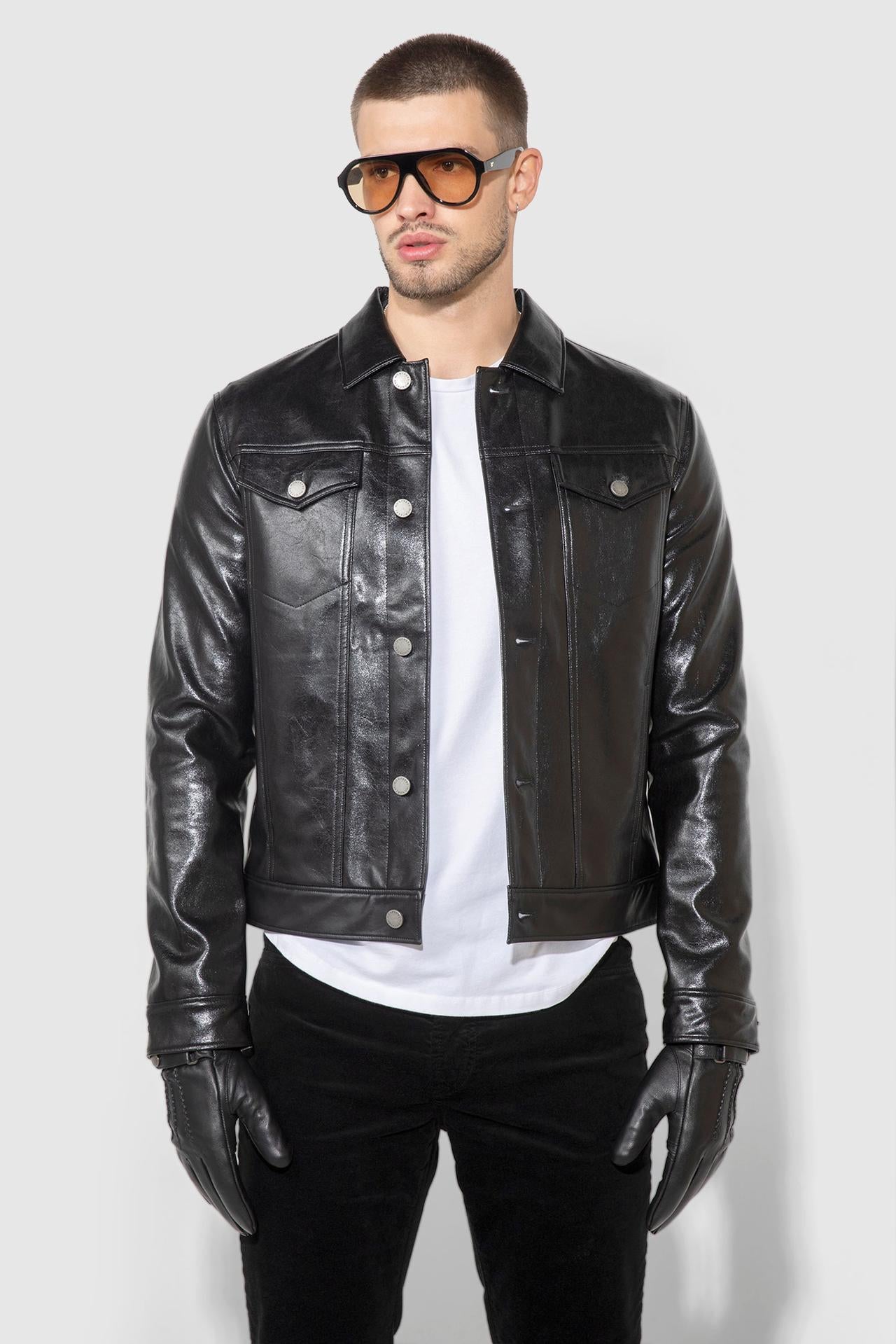 Dean Patent Noir Stretch Trucker Jacket by MONFRERE