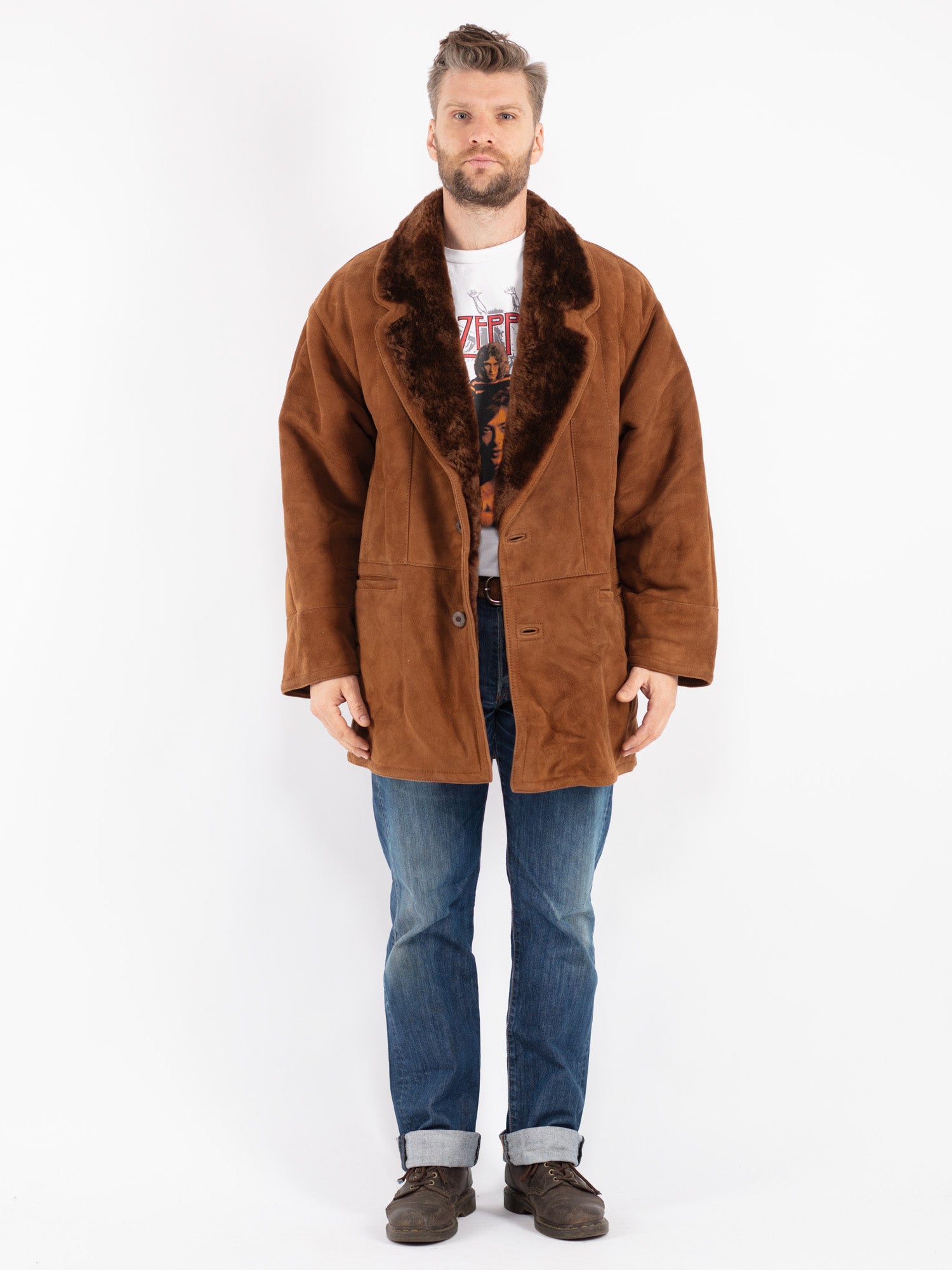Vintage 70's Men Sheepskin Shearling Coat in Brown by Northern Grip