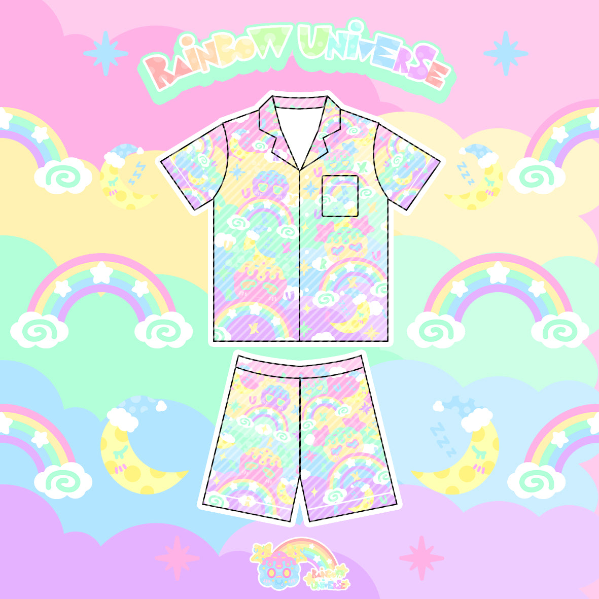 Decora Kawaii Macaron Pajama Set Soft Milk Silk Short Sleeve - Rainbow Universe RUX by Land Decora