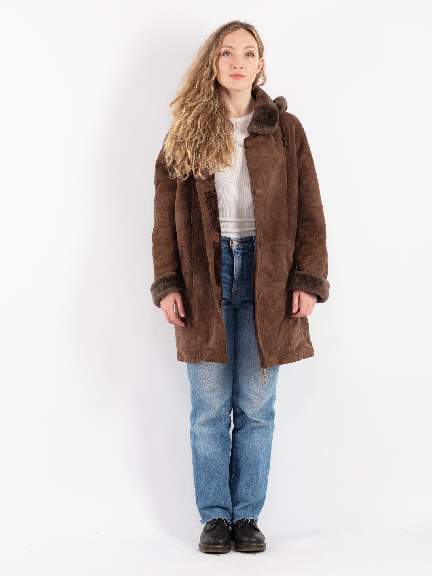 Vintage 90's Women Hooded Sheepskin Coat in Brown by Northern Grip