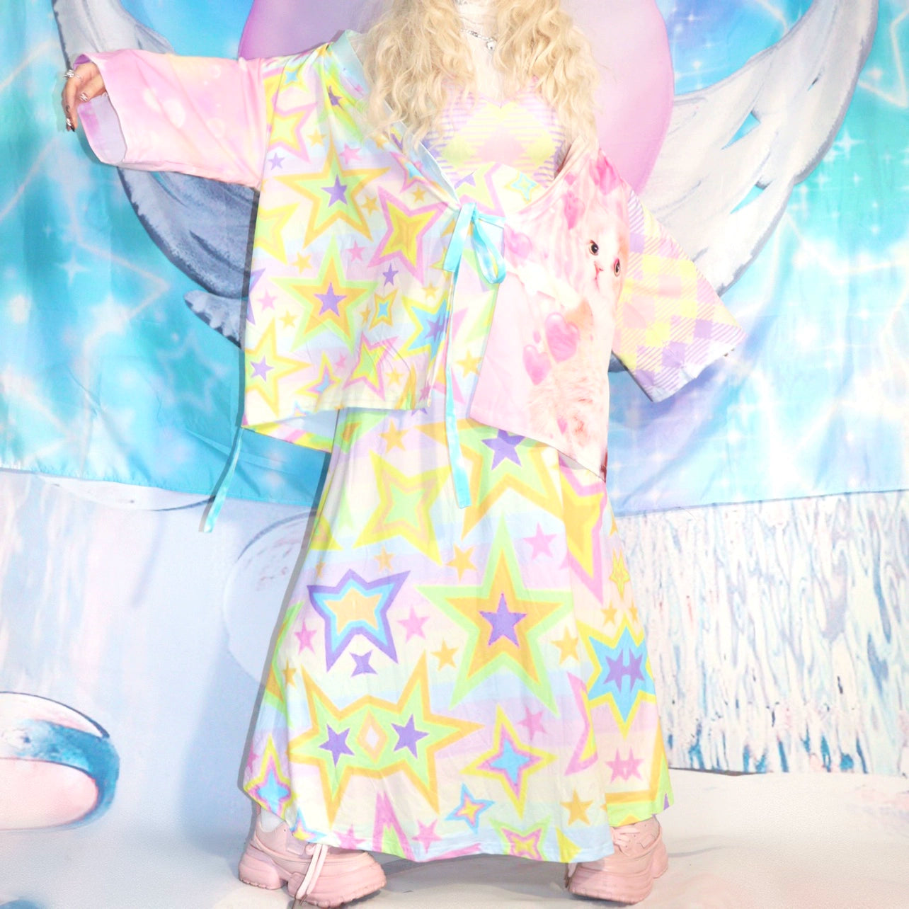 Decora Fashion Star Print Long Dress - Slim-fit Slip Dress for Playful Harajuku Style by Land Decora