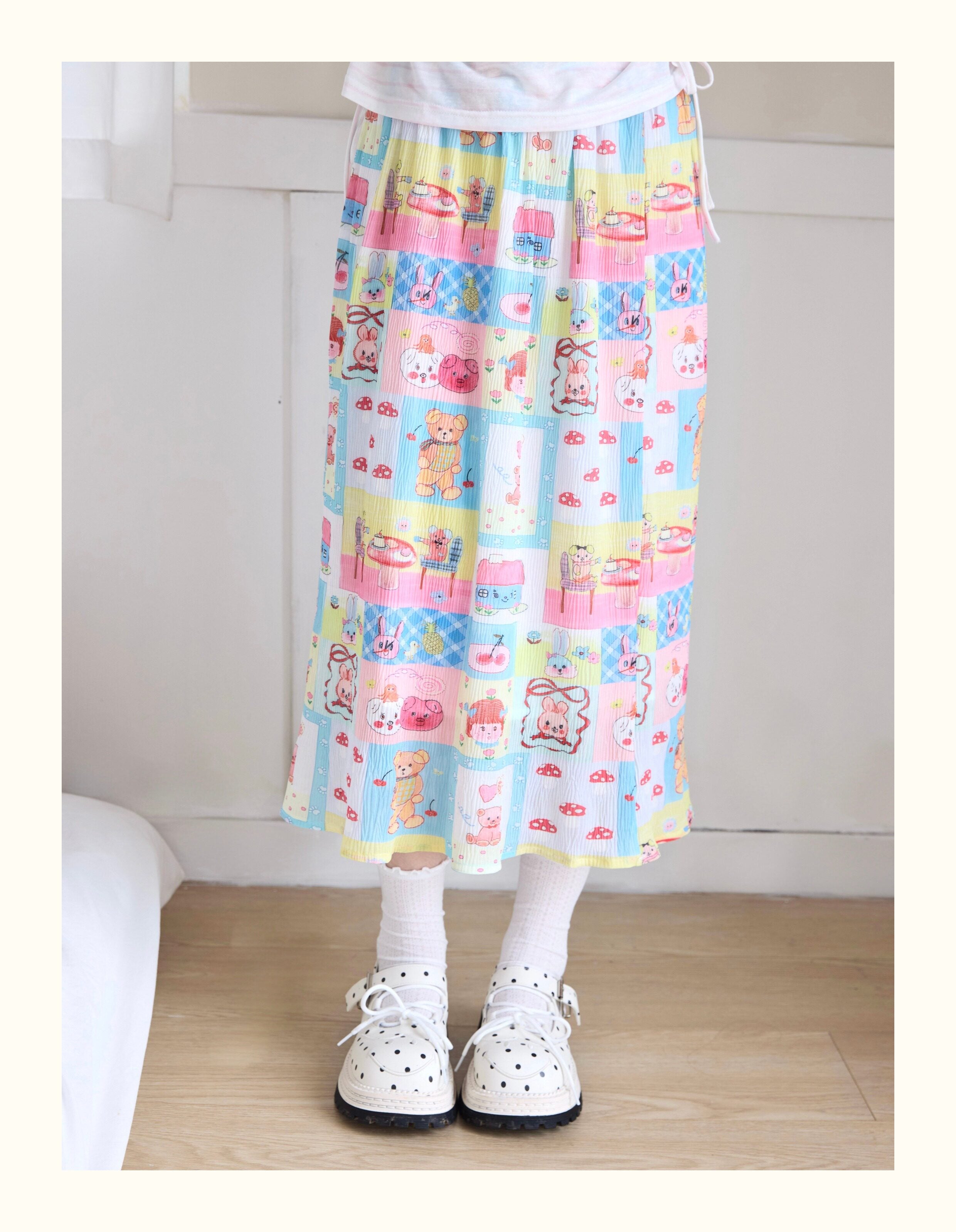 Y2K Pastel Cartoon Pleated Skirt - Robootoo by Land Decora