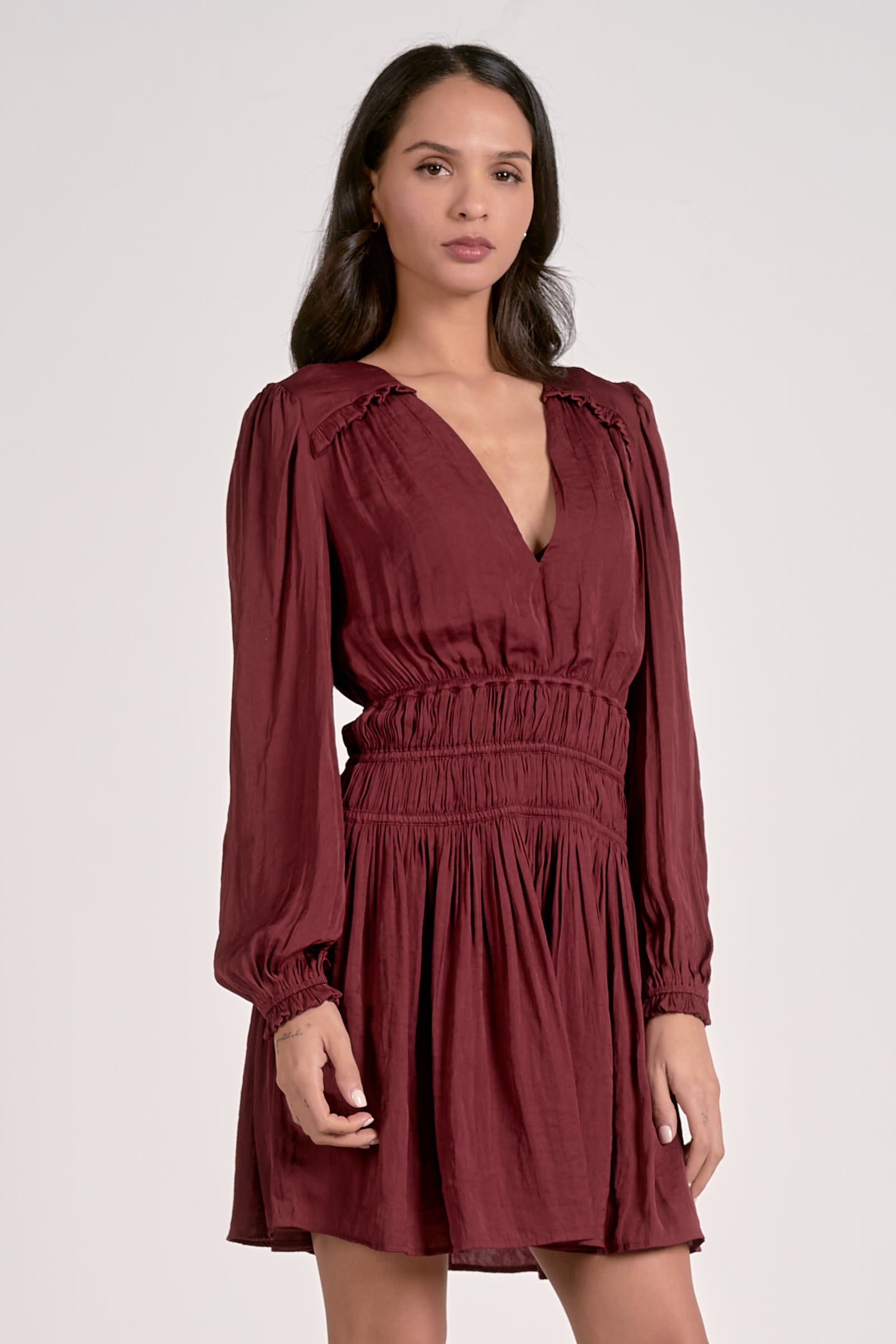 Elan Long Sleeve Gathered Mini Dress by Sierra Deene