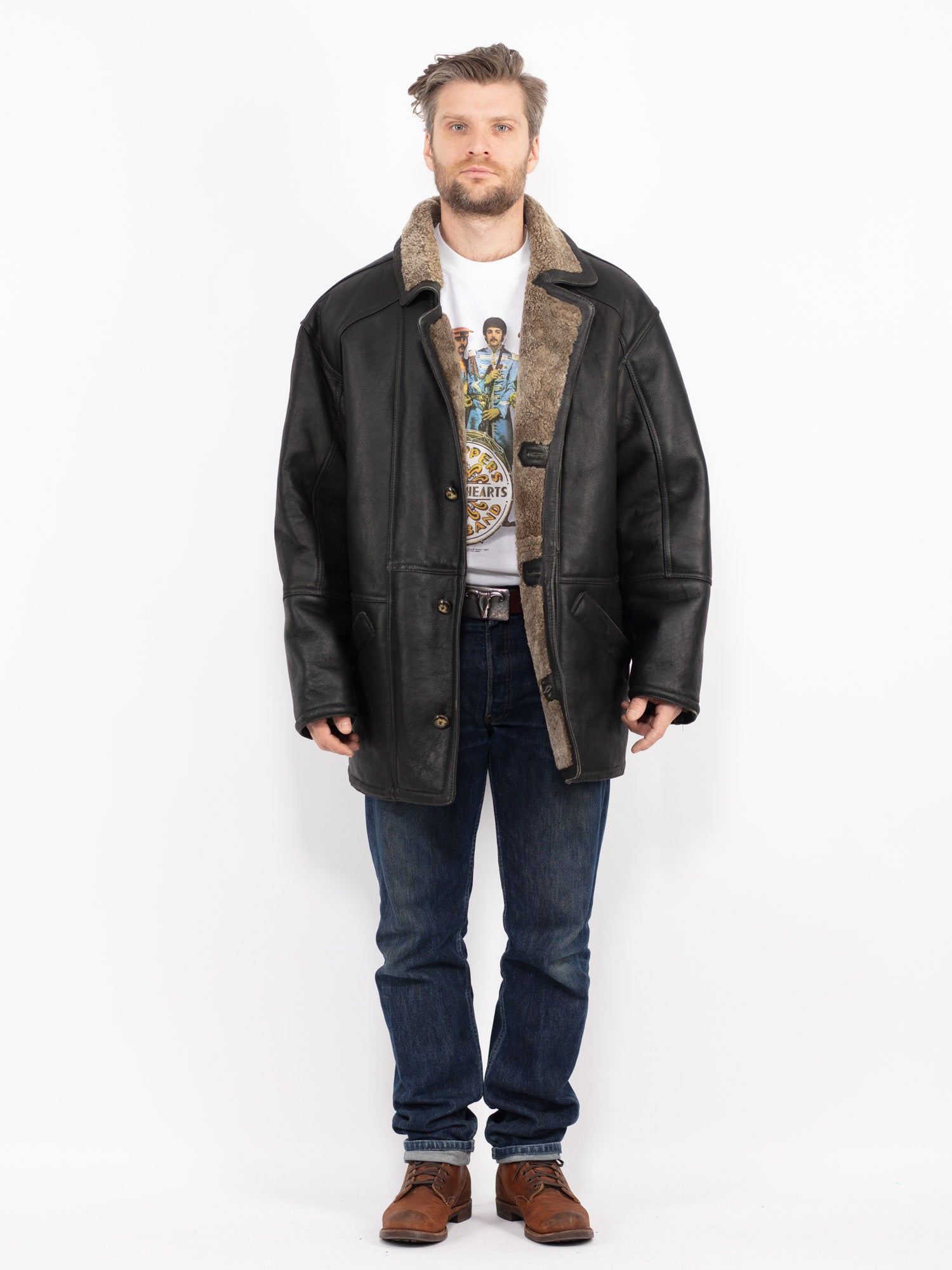Vintage 90's Men Sheepskin Coat in Black by Northern Grip