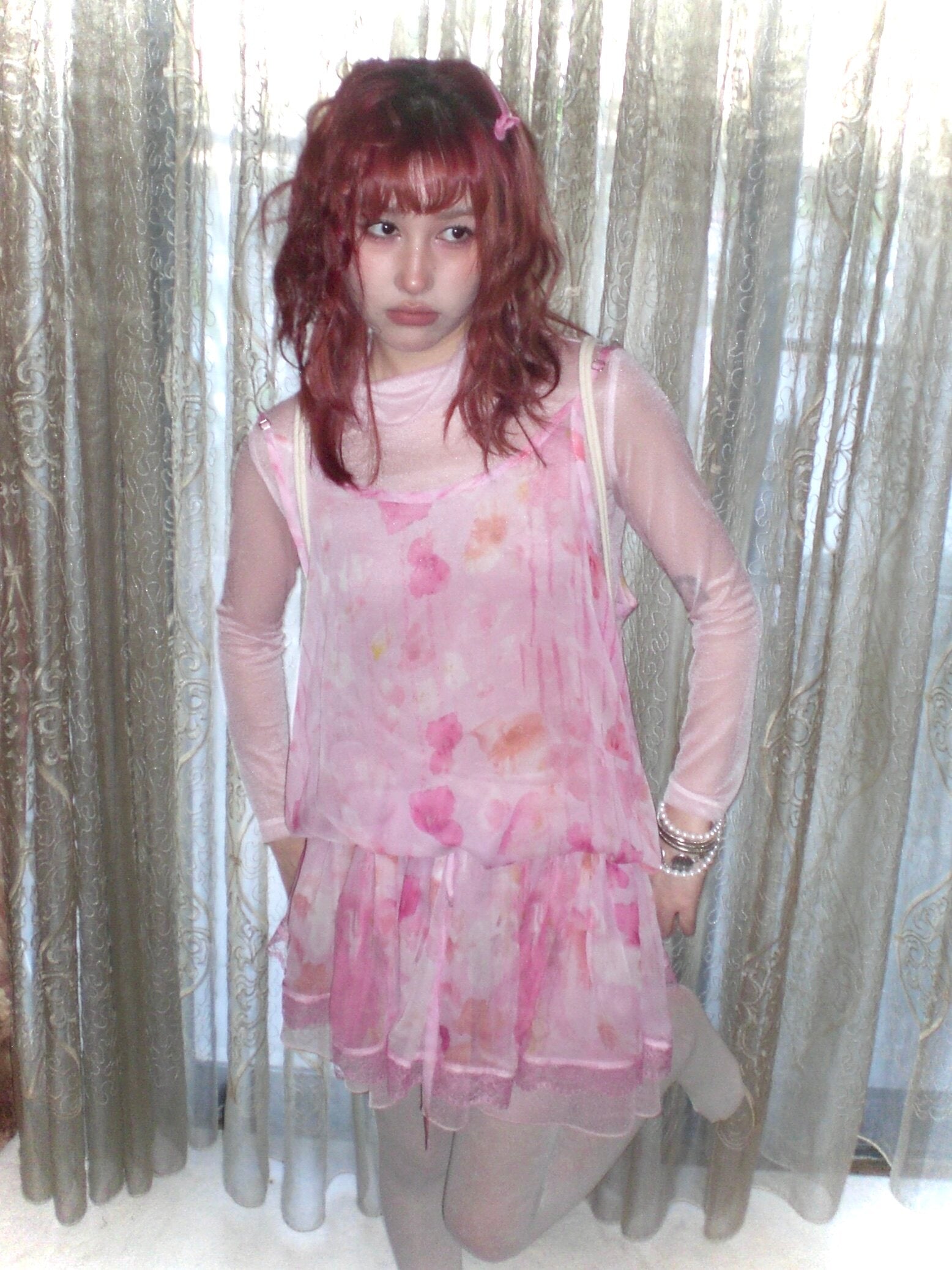 Pink Sheer Floral Cami Dress - HIBABAO by Land Decora