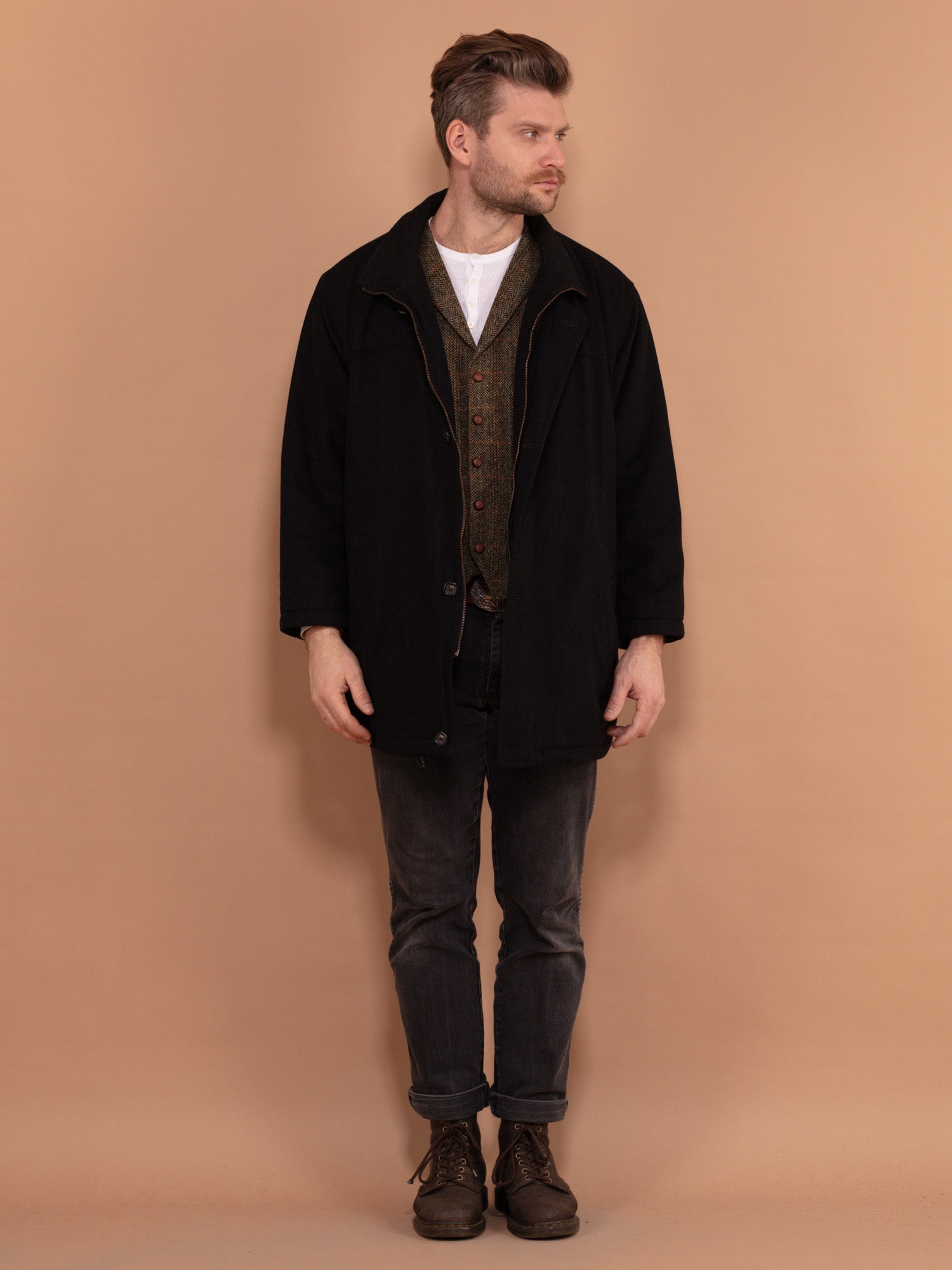 Vintage 90's Men Cashmere Wool Blend Coat in Black by Northern Grip