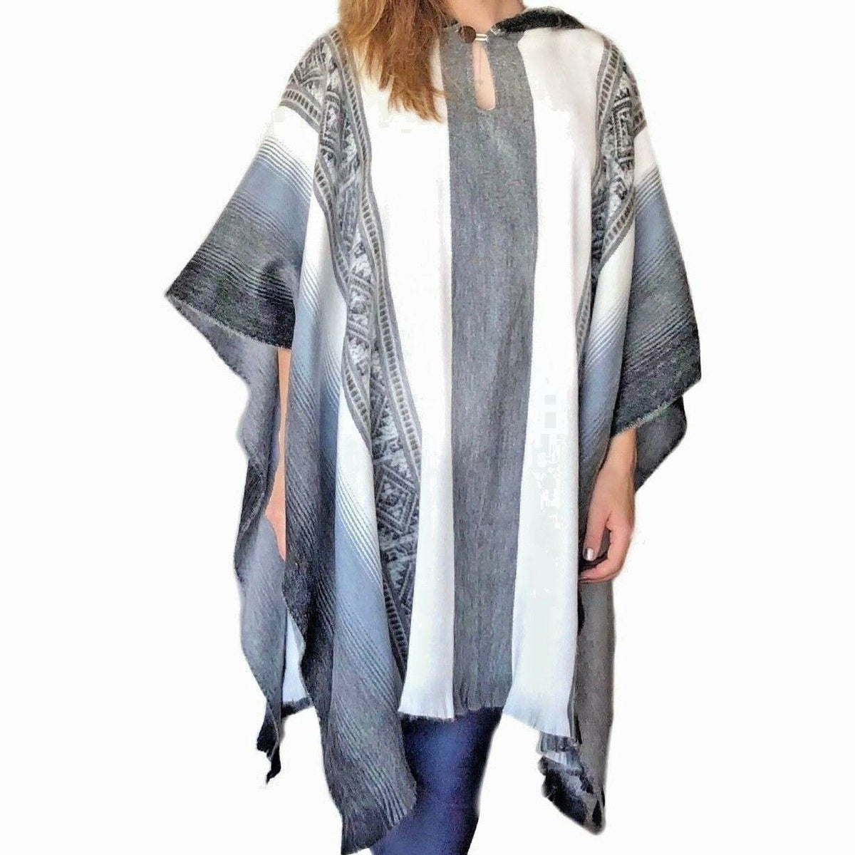 Lightweight Baby Alpaca Wool Unisex Hooded Poncho Pullover -White/Gray by ECUALAMA