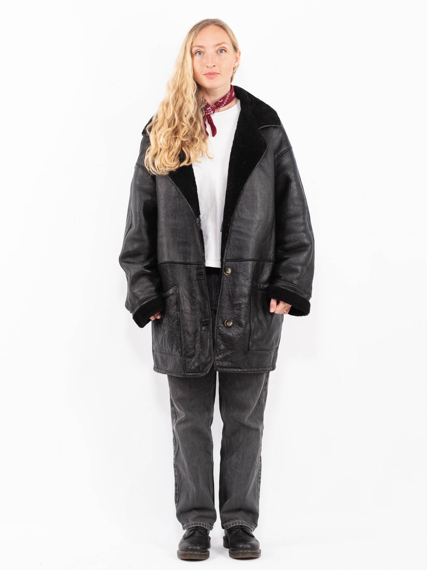 Vintage 90's Women Oversized Sheepskin Coat in Black by Northern Grip