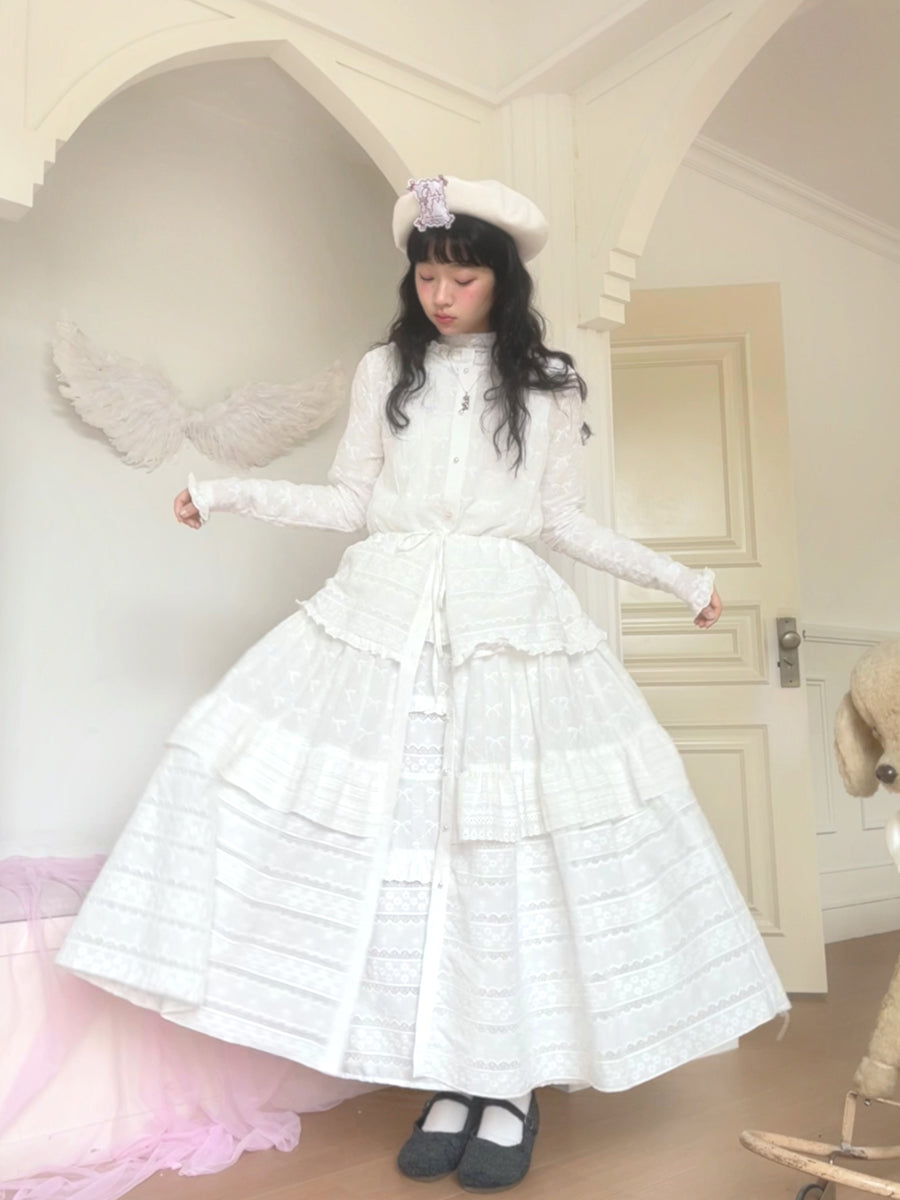 Harajuku Daytoday Everyday Institute Bow Embroidery Tiered Dress Cardigan by Land Decora