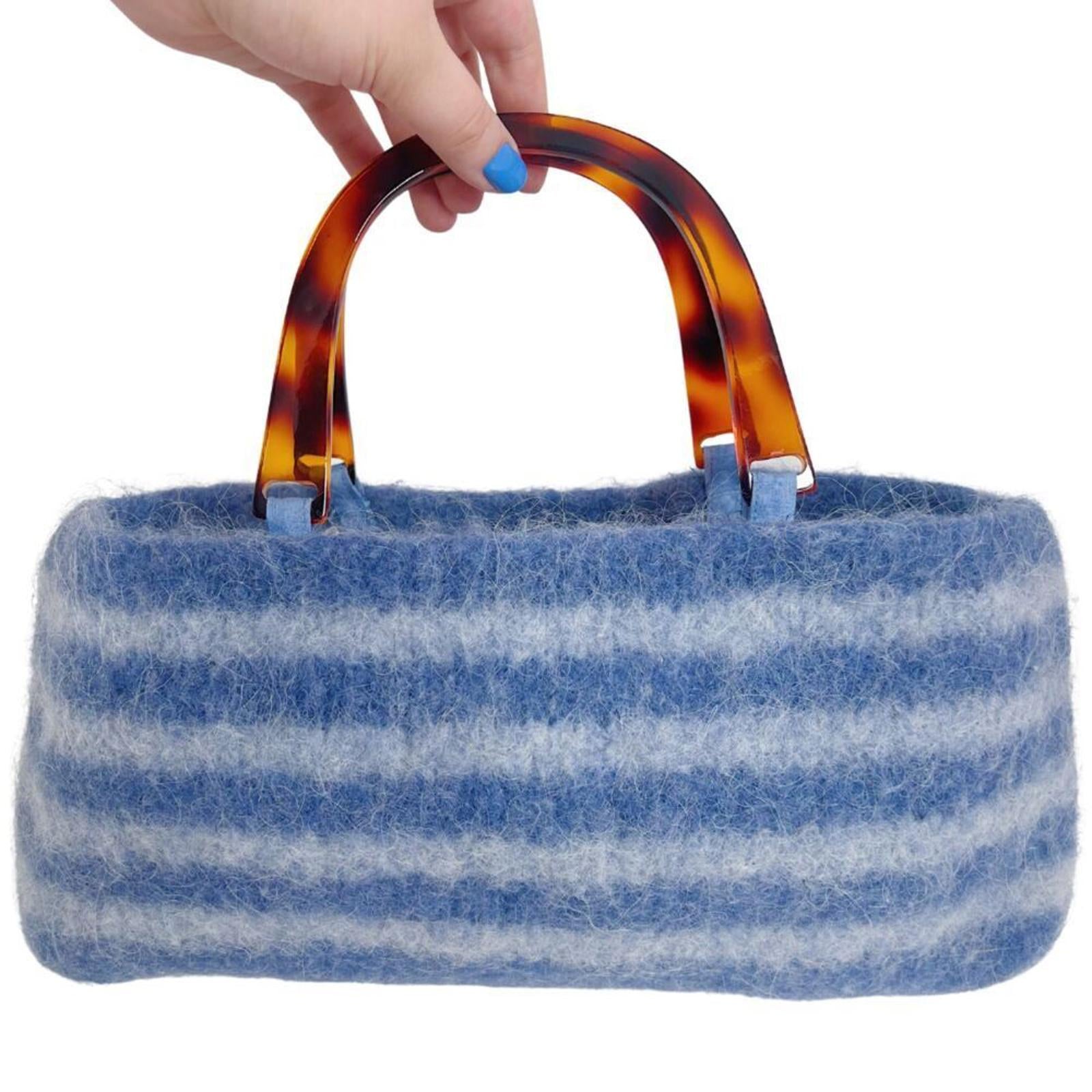 Handmade Lucite Wool Purse Blue Striped Handbag Tortoiseshell Handle y by Hot Girl Secondhand