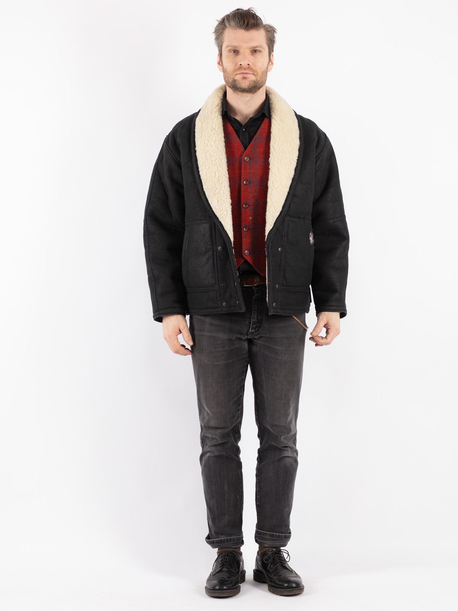 Vintage 80's Men Faux Sheepskin Jacket in Black by Northern Grip