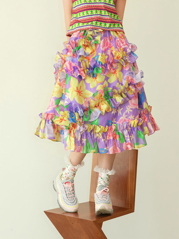 Harajuku Skirt Purple Floral Glitter Skirt with Ruffled Hem | Tntntutu by Land Decora