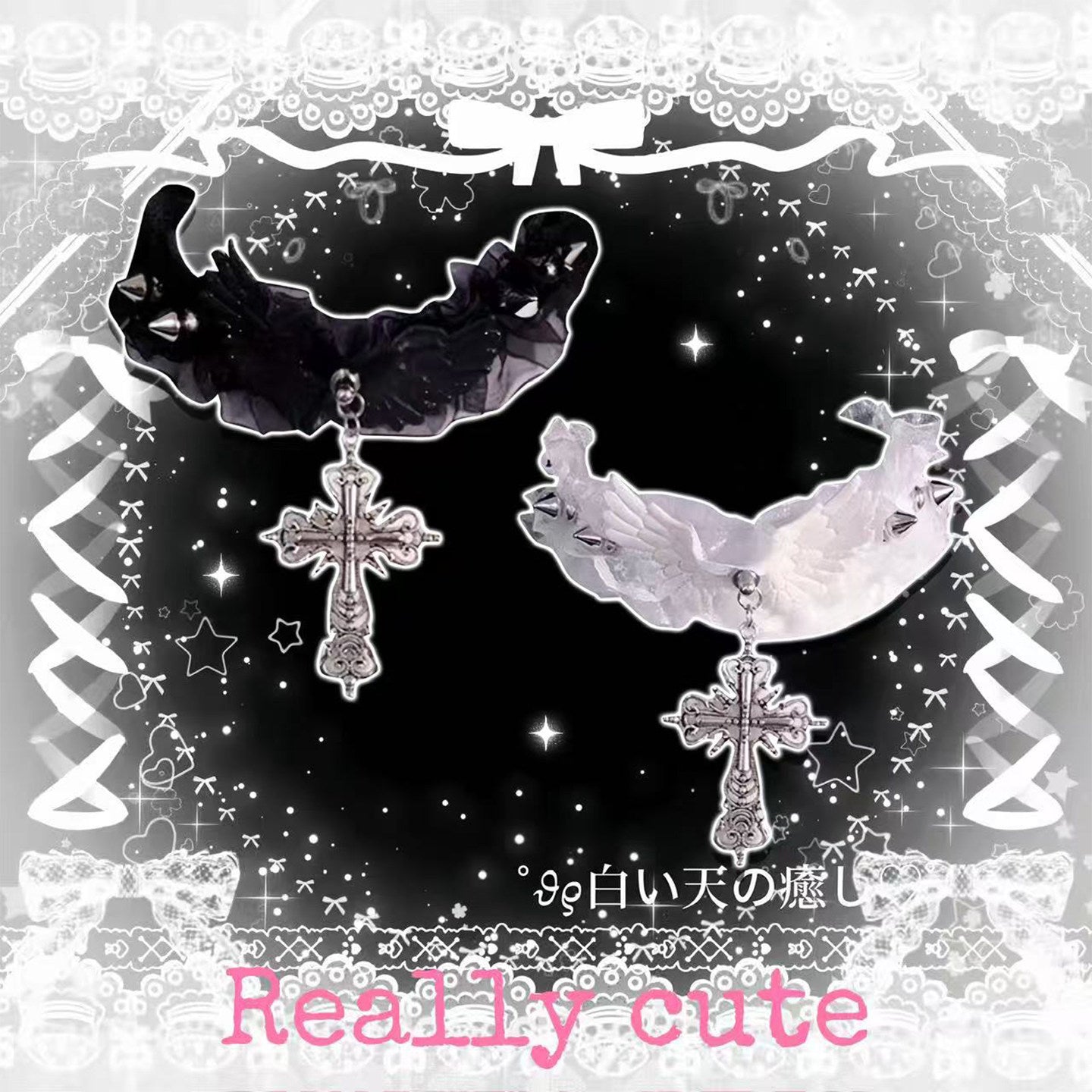 Lace Gothic Cross Wing Choker Y2K Punk Necklace by Land Decora