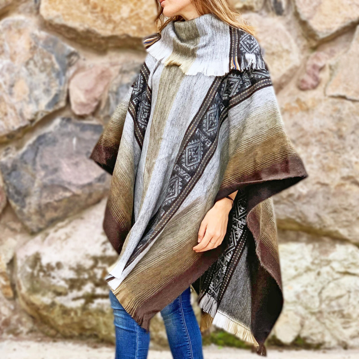 Lightweight Baby Alpaca Wool Collared Unisex Poncho Pullover - Gray/Brown by ECUALAMA