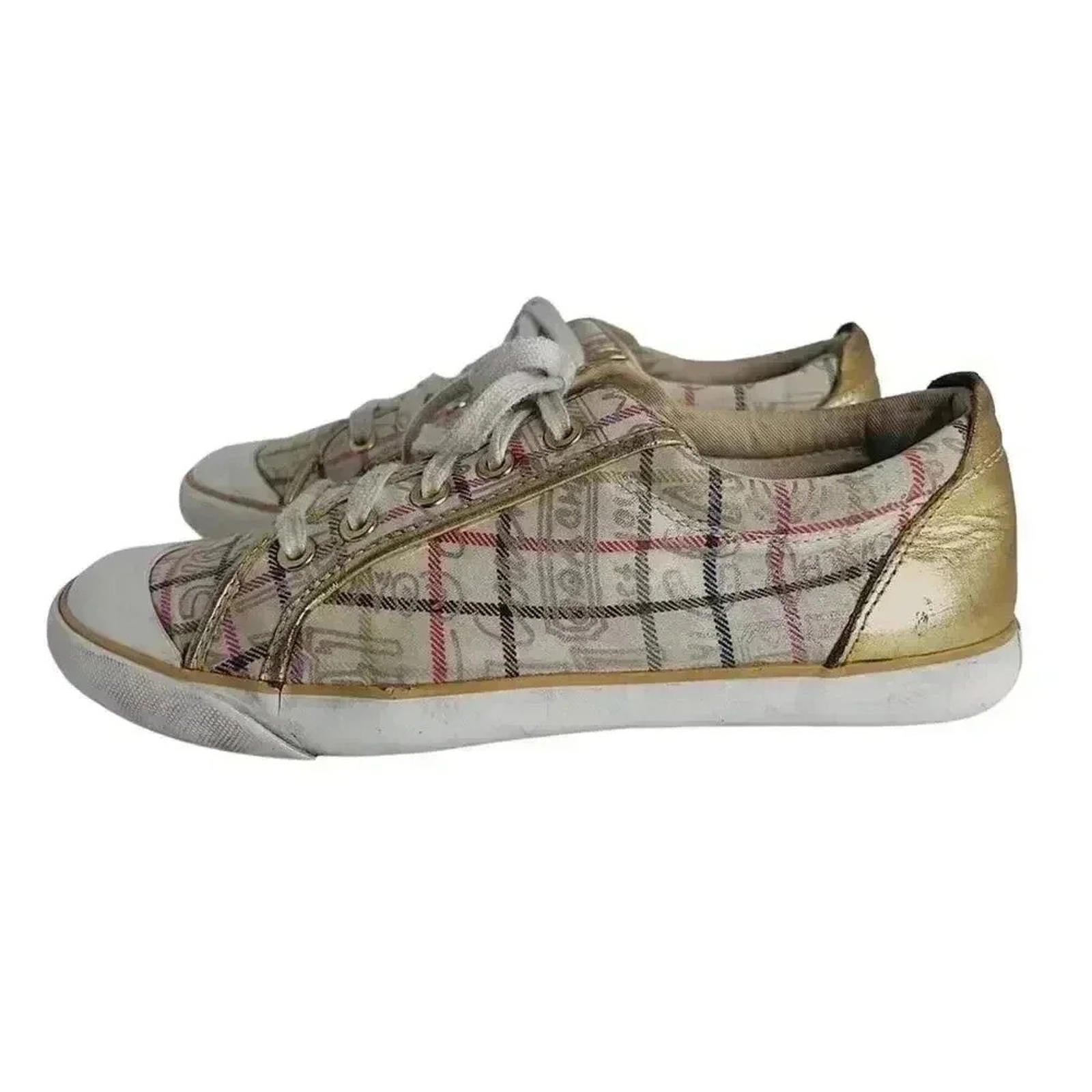 Coach Barrett Cream Multicolored Plaid Gold Leather Sneakers Canvas Si by Hot Girl Secondhand