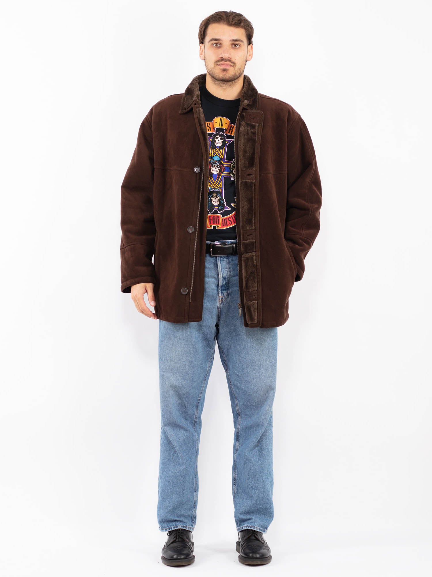 Vintage 90's Men Faux Sheepskin Coat in Brown by Northern Grip