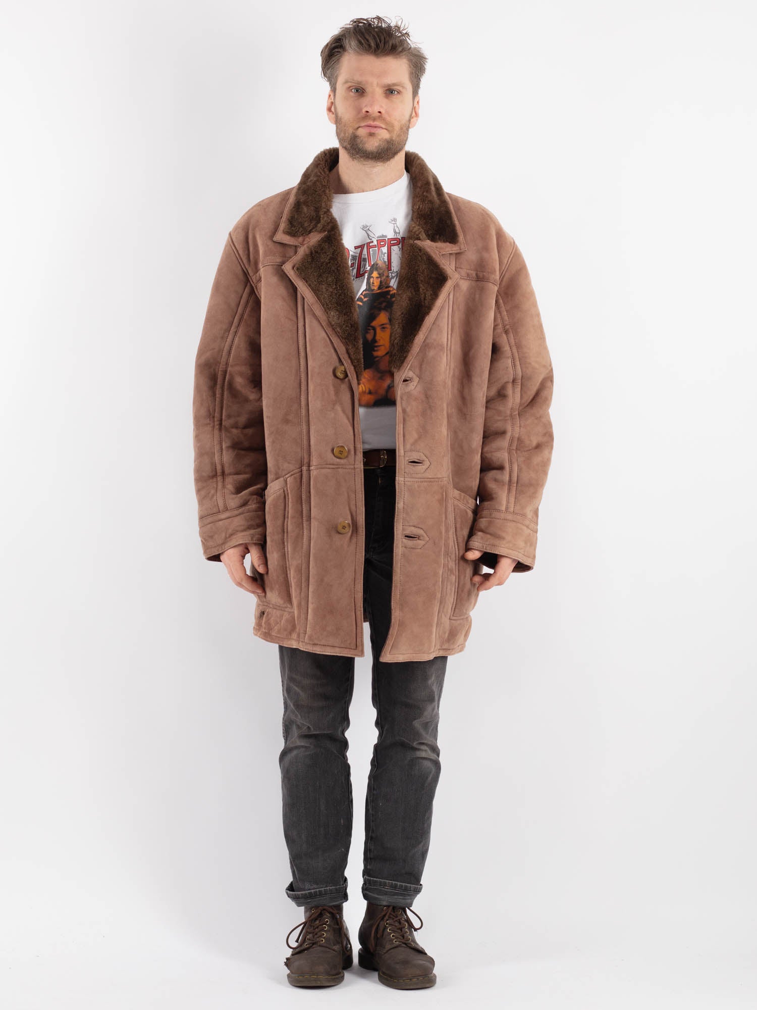 Vintage 90's Men Oversized Sheepskin Coat in Brown by Northern Grip
