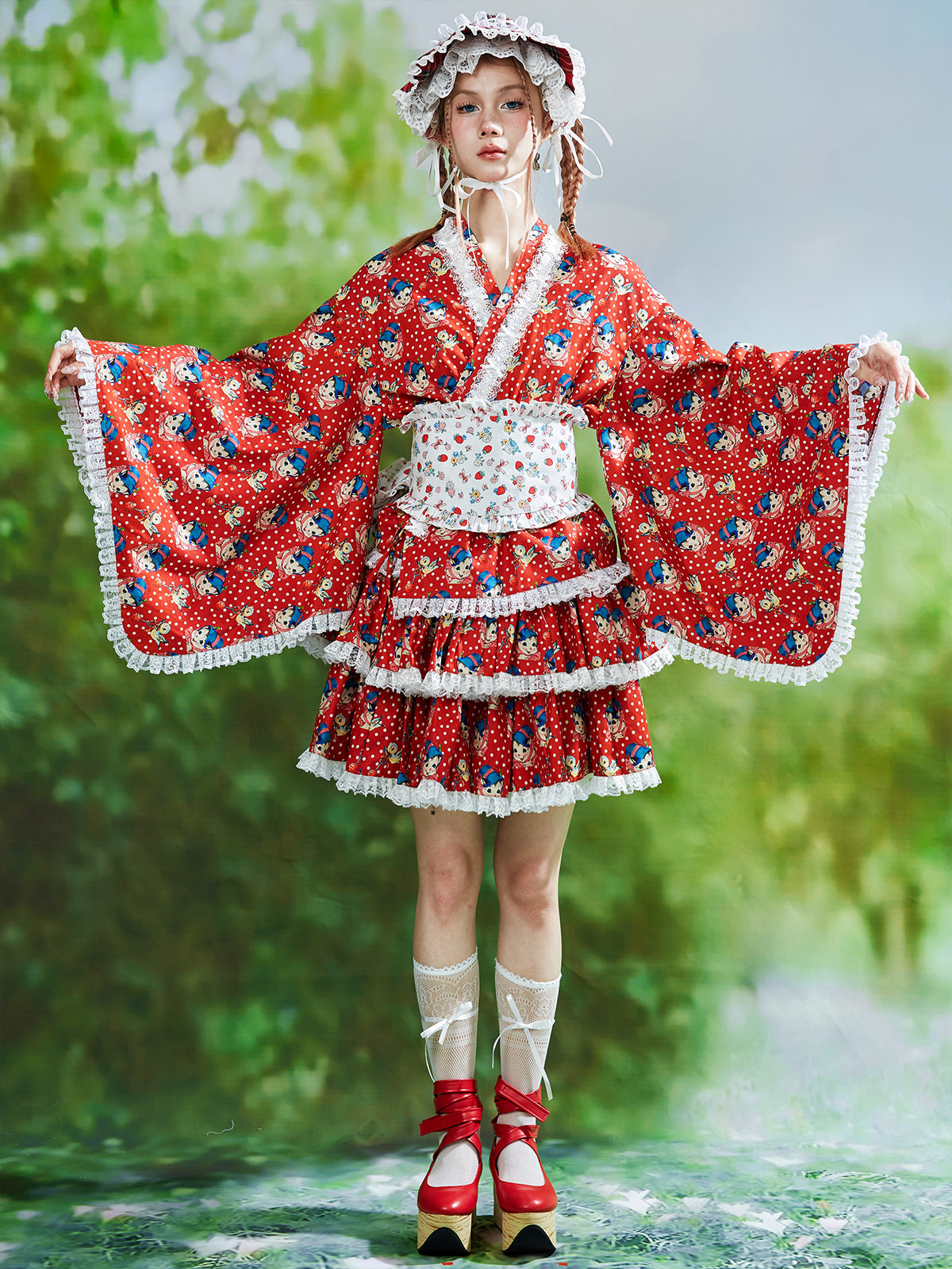 Retro Red Kimono Yukata - Showa Vintage Kawaii - SOS MEME CLUB by Land Decora