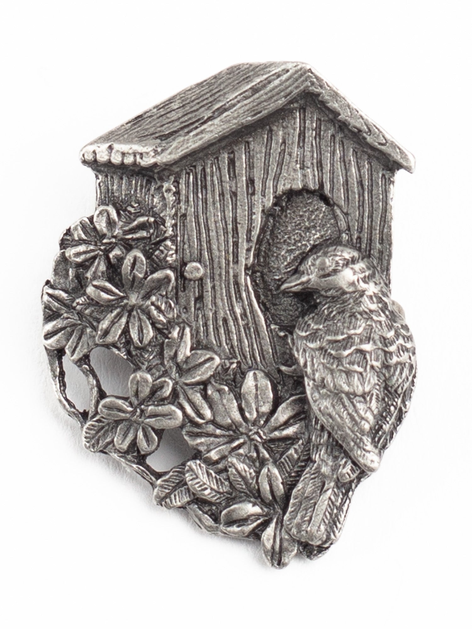 Vintage 90s Birds & Blooms Pewter Birdhouse Brooch with Sparrow and Floral Detail by Northern Grip