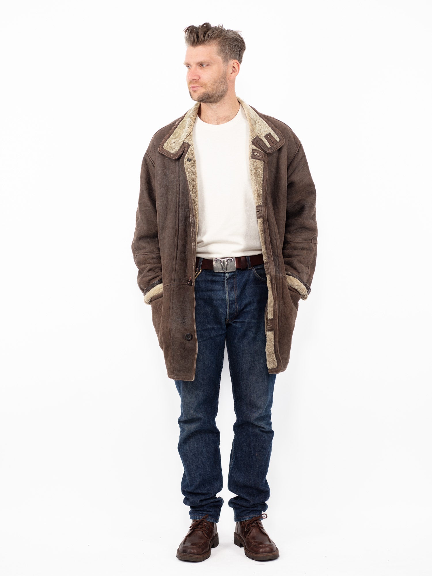 Vintage 90's Men Sheepskin Coat in Brown by Northern Grip