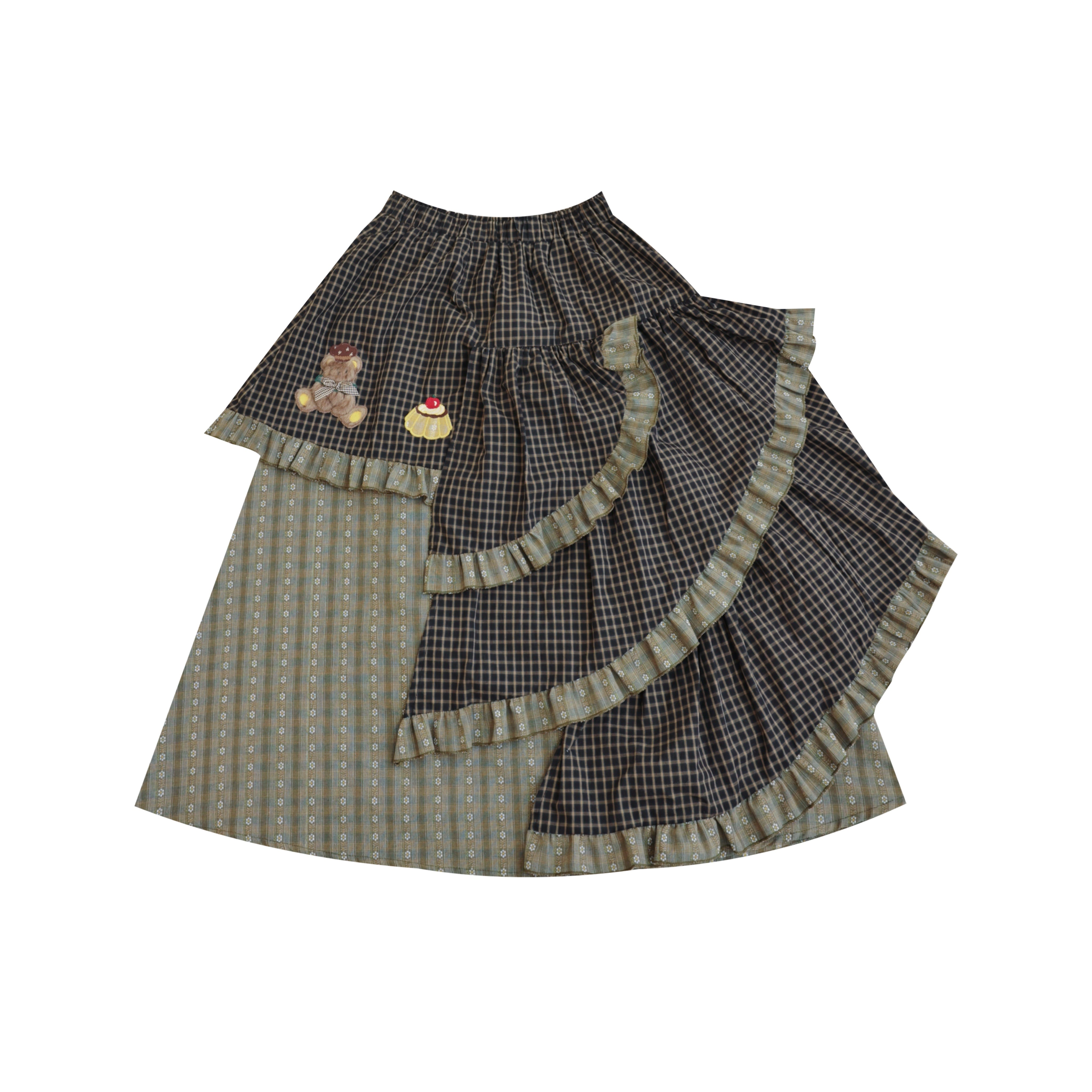 Kawaii Vintage Dark Green Plaid Cake Skirt - Bear Dessert Embroidery - SemenCoicis by Land Decora