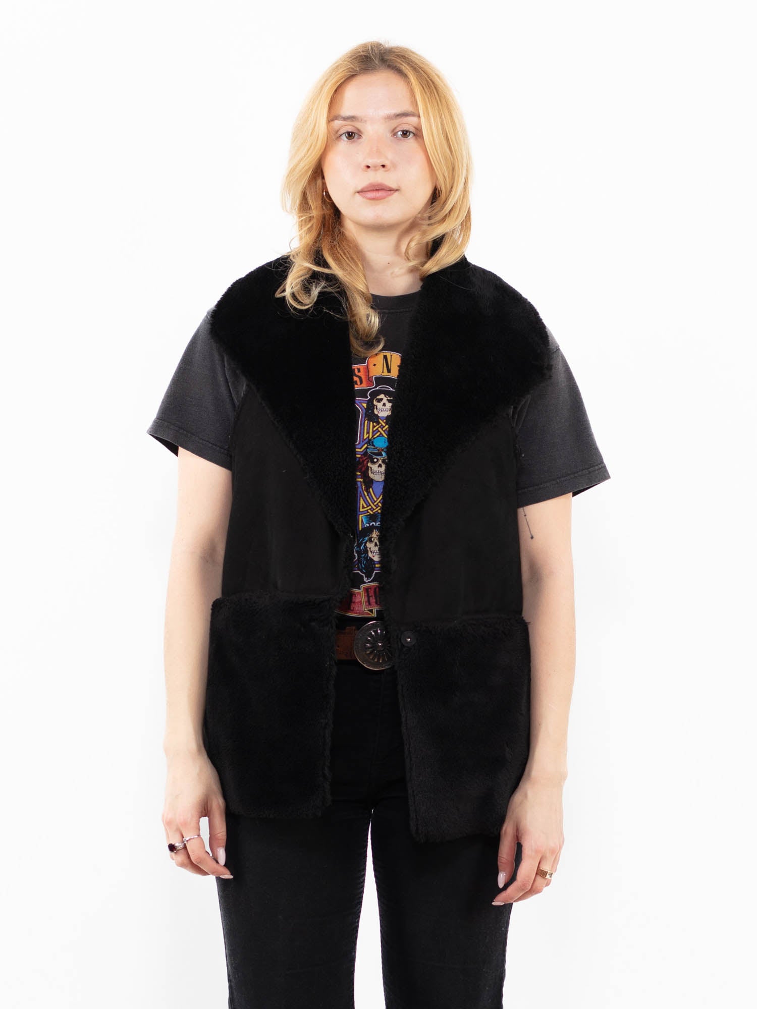 Vintage 00's Women Faux Sheepskin Vest in Black by Northern Grip