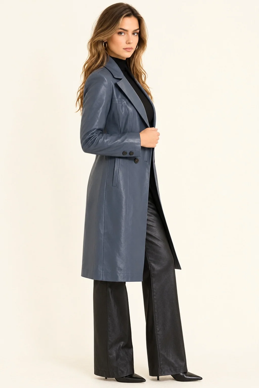 Blue Leather Trench Coat & Black Wide-Leg Pants by Kolleen Boutique