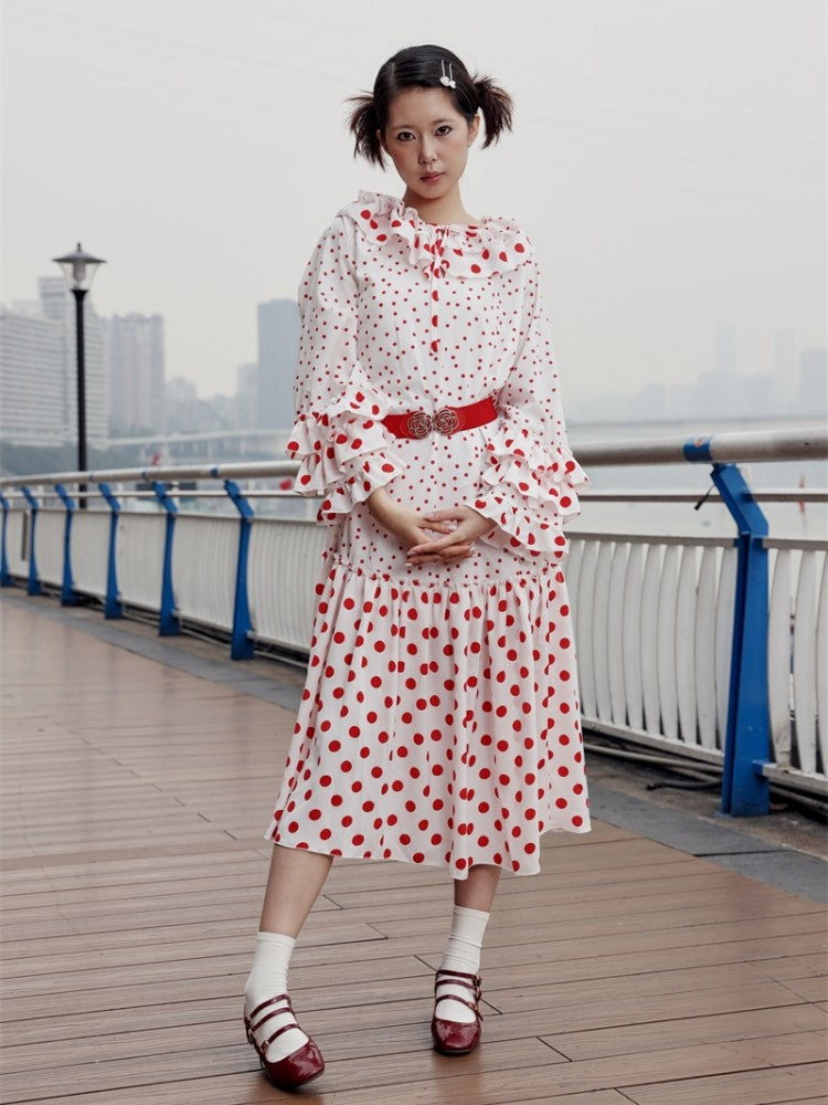 Polka Dot Petal Collar Dress - Nanjun Vintage by Land Decora
